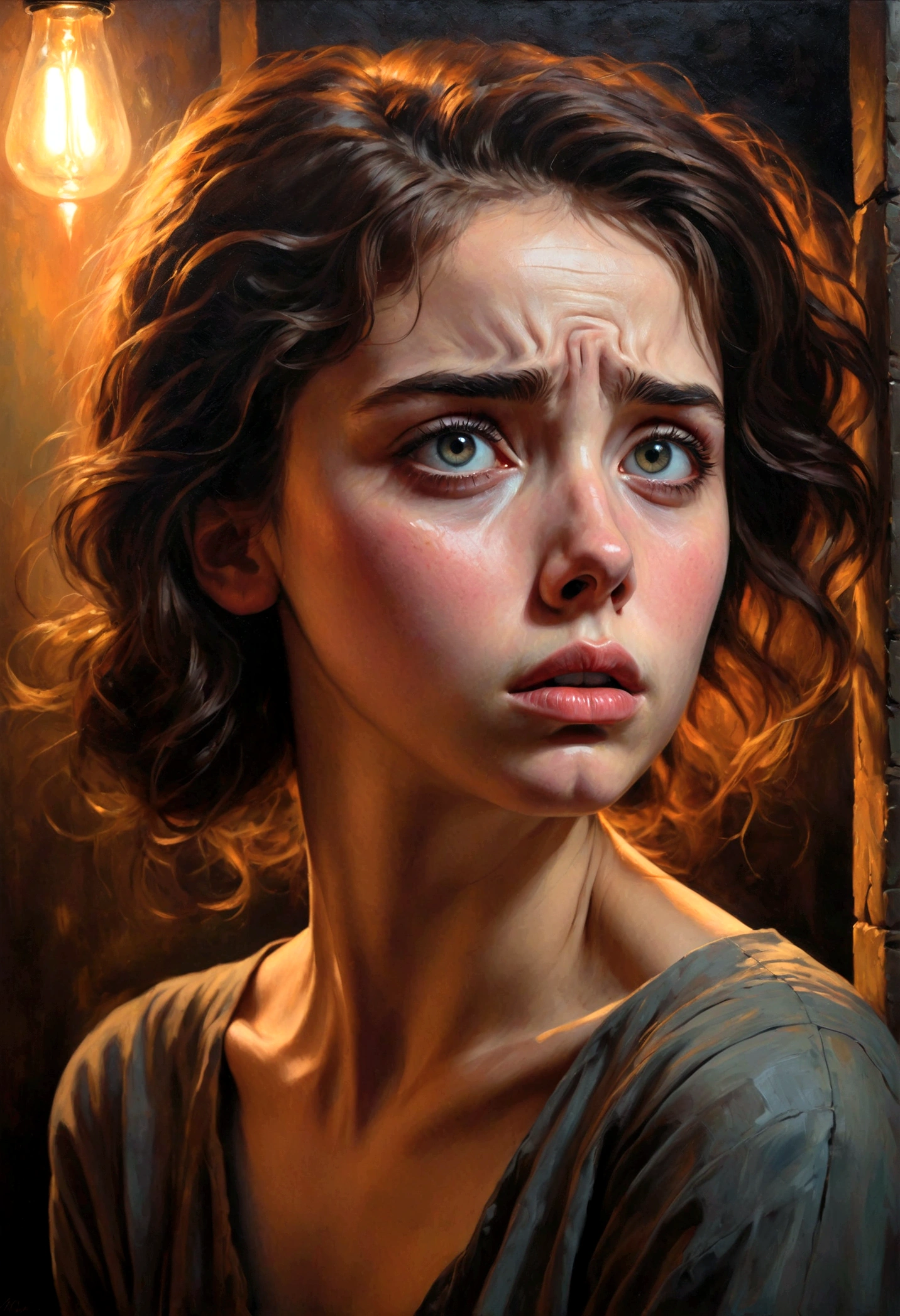 a distraught young woman, detailed face, beautiful eyes, detailed lips, emotional expression, dramatic lighting, moody atmosphere, oil painting, cinematic composition, muted color palette, dramatic chiaroscuro, masterpiece