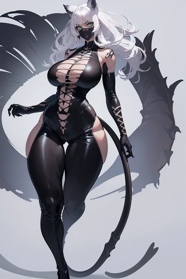 (Uhd, Masterpiece, Textured Skin, Super Detail, High Details, High Quality, Best Quality), Detailed Face, 1woman, mature pretty woman:1.5, curvy, cowboy shot, Silver hair, (Black tightoutfit, pants), (Huge body:1.5), (Long skeletal tail:1.4), Claws