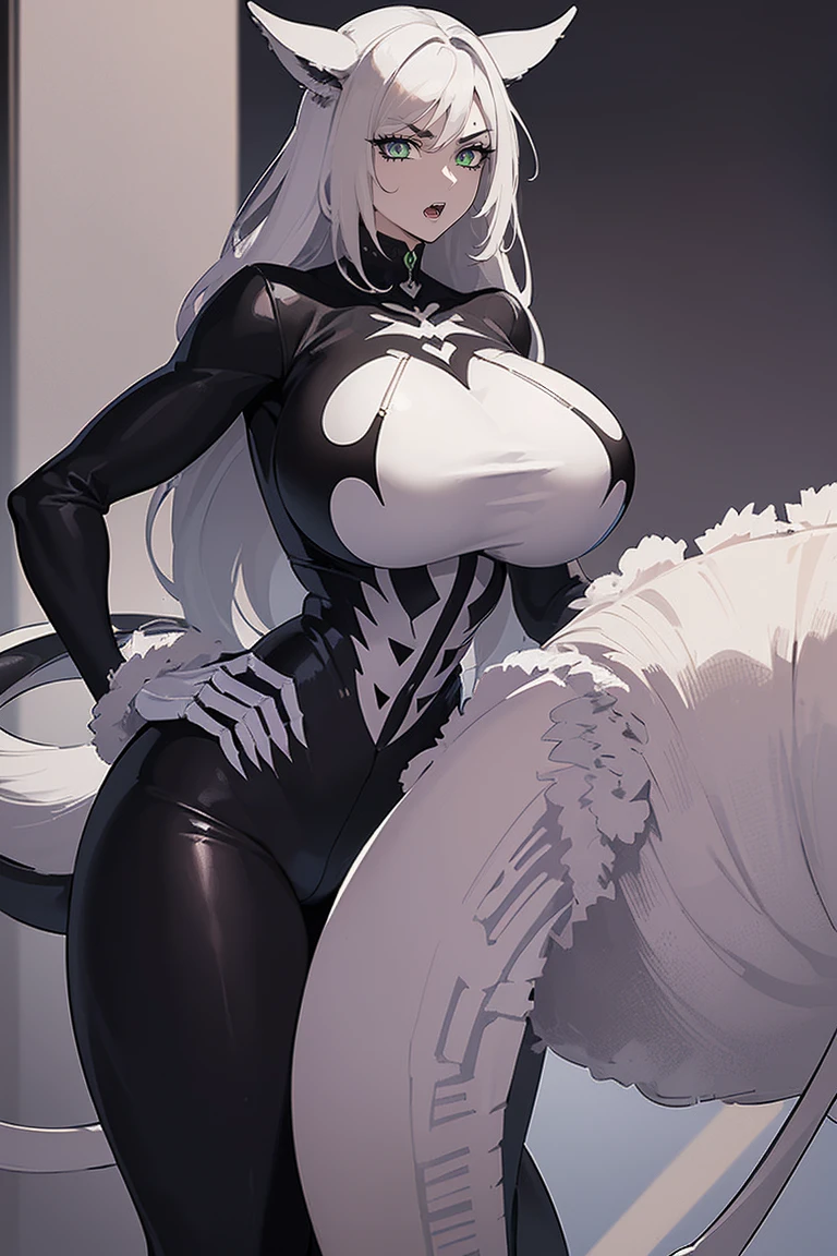 (Uhd, Masterpiece, Textured Skin, Super Detail, High Details, High Quality, Best Quality), Detailed Face, 1woman, mature pretty woman:1.5, curvy, cowboy shot, Silver hair, (Black tightoutfit, pants), (Huge body:1.5), (Long skeletal tail:1.4), Claws