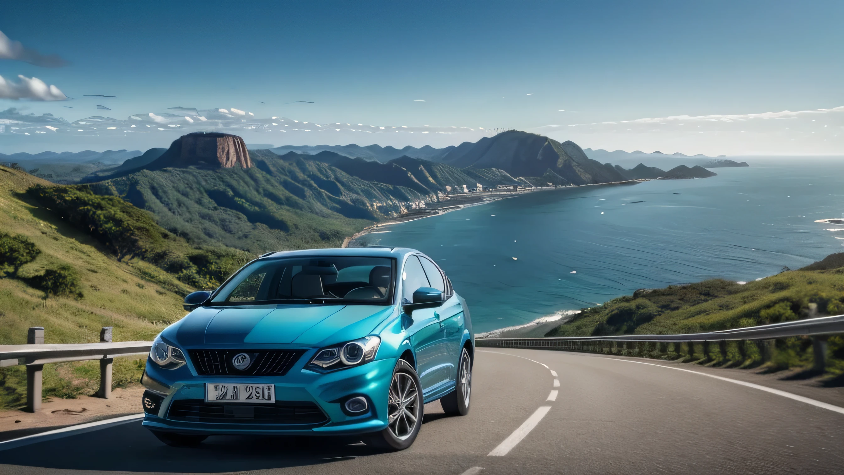 Create a captivating image for a car resale advertisement. The scene should feature a sleek car driving on a scenic road with an inspiring background. The background should depict a picturesque location in Brazil, such as the iconic coastline of Rio de Janeiro, the stunning landscapes of the Pantanal, or the breathtaking views of the Chapada Diamantina. The predominant color in the scene should be blue, reflecting either the clear sky or the beautiful ocean. The overall vibe should evoke a sense of adventure and freedom, appealing to potential buyers who dream of new journeys and experiences. Ensure the car is the focal point, with the road and stunning Brazilian scenery complementing it perfectly