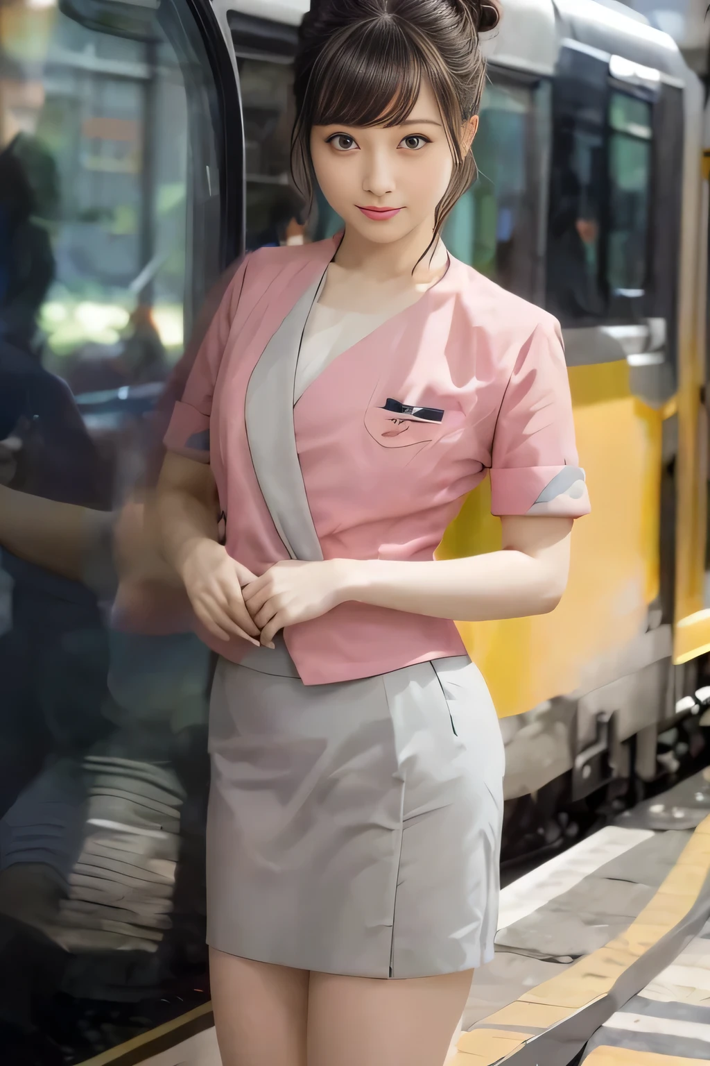 (masterpiece:1.2, highest quality:1.2), 32K HDR, High resolution, (alone、1 girl)、(On the rooftop of a building in the daytime、Professional Lighting)、Building rooftop background、(Nankai train crew uniform pinkを着たリアルスタイル)、(Nankai train crew uniform pink short sleeve pink jacket、Nankai Train Crew Uniform Pink Collarless Short Sleeve Blouse、Nankai Train Crew Uniform Pink Grey Knee-length Culottes)、Dark brown hair、(Hair tied up、Hair Bun、Hair Bun)、Dark brown hair、Long Shot、Big Breasts、Thin legs、((Great hands:2.0)),((Harmonious body proportions:1.5)),((Normal limbs:2.0)),((Normal finger:2.0)),((Delicate eyes:2.0)),((Normal eyes:2.0)))、smile、(Nankai Train Crew Uniform Pink Grey Knee-length Culottesを見せた美しい立ち姿)、Place your hands around your stomach、There is no background