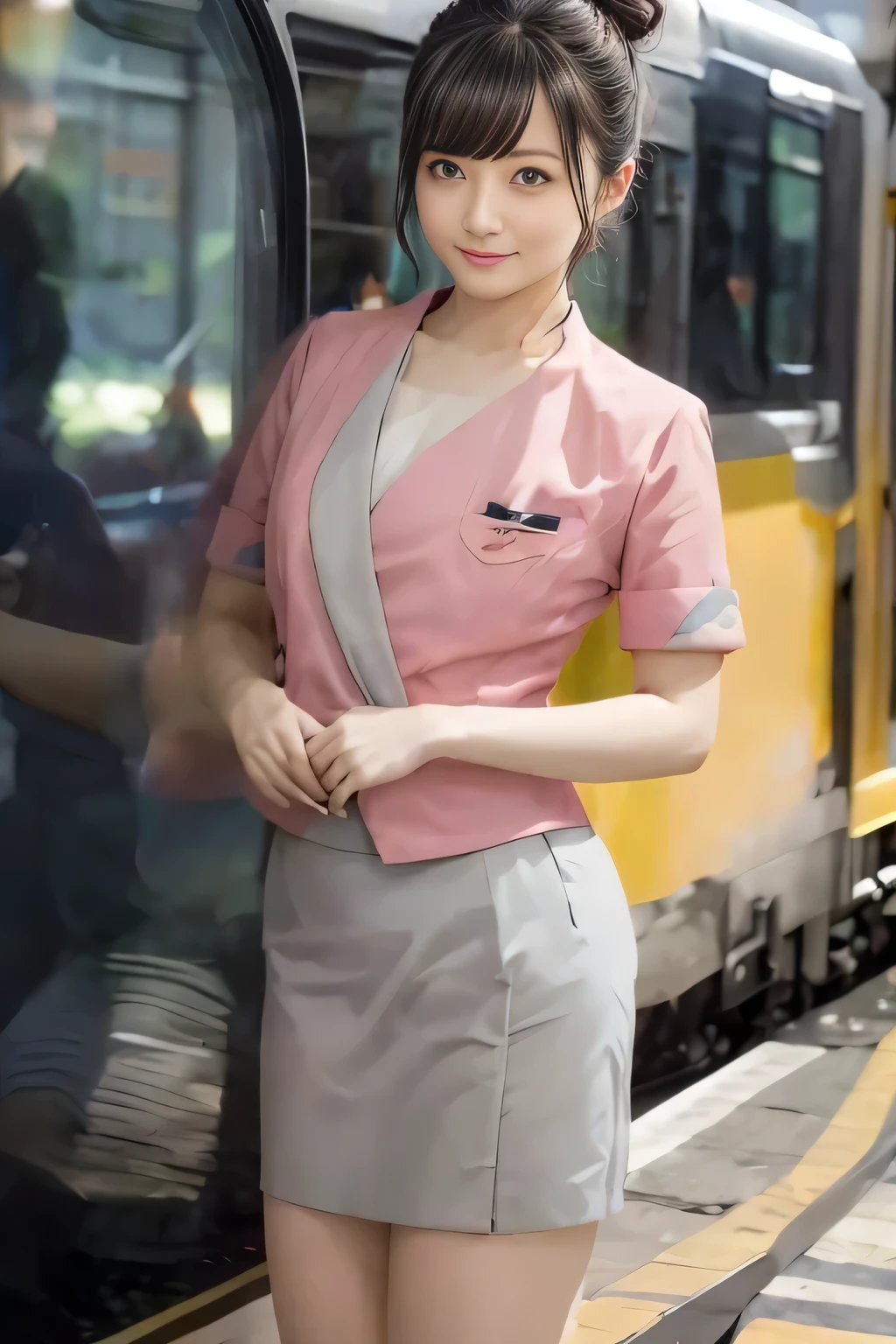 (masterpiece:1.2, highest quality:1.2), 32K HDR, High resolution, (alone、1 girl)、（On the rooftop of a building in the daytime、Professional Lighting）、Building rooftop background、（Nankai train crew uniform pinkを着たリアルスタイル）、（Nankai train crew uniform pink short sleeve pink jacket、Nankai Train Crew Uniform Pink Collarless Short Sleeve Blouse、Nankai Train Crew Uniform Pink Grey Knee-length Culottes）、Dark brown hair、（Hair tied up、Hair Bun、Hair Bun）、Dark brown hair、Long Shot、Big Breasts、Thin legs、（（Great hands：2.0）），（（Harmonious body proportions：1.5）），（（Normal limbs：2.0）），（（Normal finger：2.0）），（（Delicate eyes：2.0）），（（Normal eyes：2.0））)、smile、（Nankai Train Crew Uniform Pink Grey Knee-length Culottesを見せた美しい立ち姿）、Place your hands around your stomach、There is no background