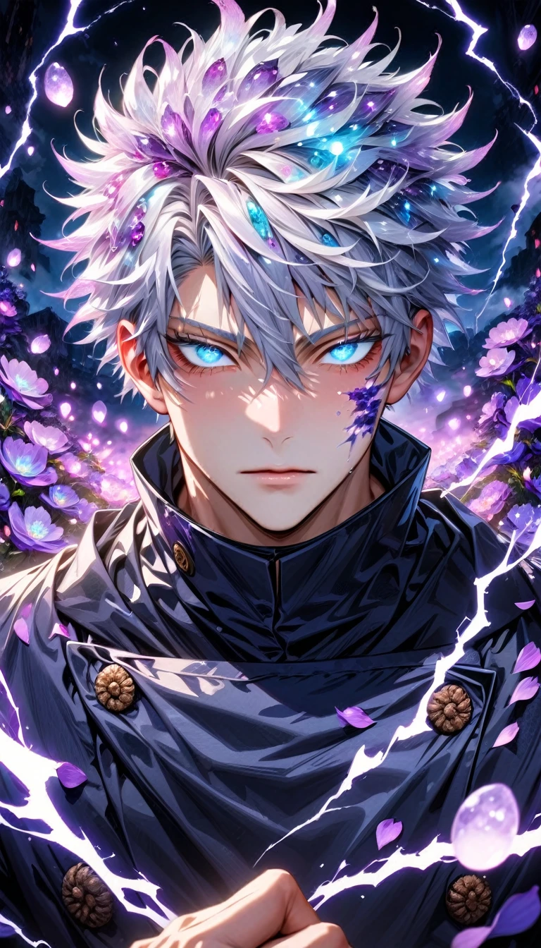 Ultra detailed, highres, absurdres, HDR, master piece, Gojo Satoru, white hair with bangs, expressive blue eyes, white eyelashes, hair between the eyes, Jujutsu Kaisen, fantasy, petals, purple flowers, handsome, sexy man, solo, magic, purple fireflies, purple moon, best quality, extremely detailed face and eyes, purple lightning, black clothes