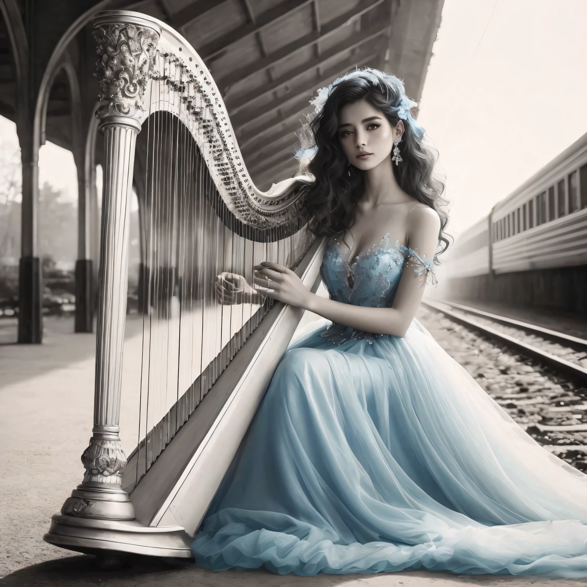 Intensificar a cor do vestido azul celeste, adicionar lantejoulas brilhando no vestido, adicionar profundidade, aumentar a resolucao, aprimorar os detalhes da imagem, melhorar o contraste.