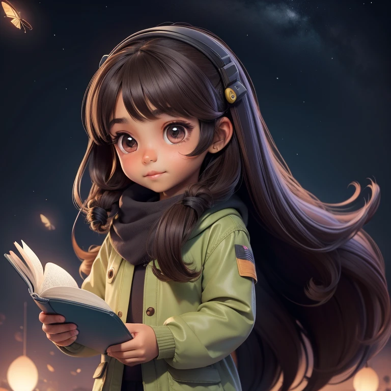 A brown skin little cute girl, with long hair, reading a magical book, night vision, flying batterflies