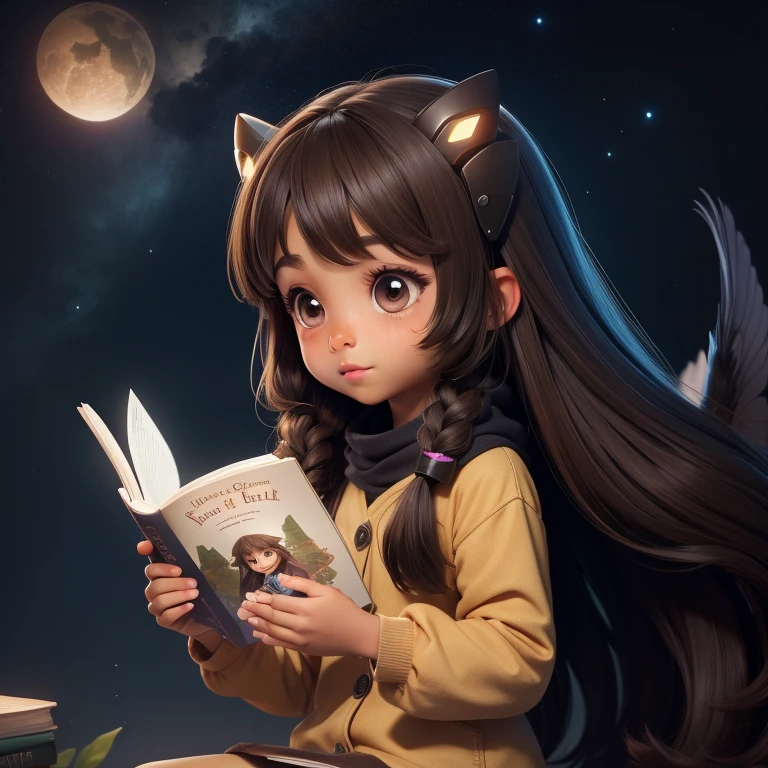 A brown skin little cute girl, with long hair, reading a magical book, night vision, flying batterflies