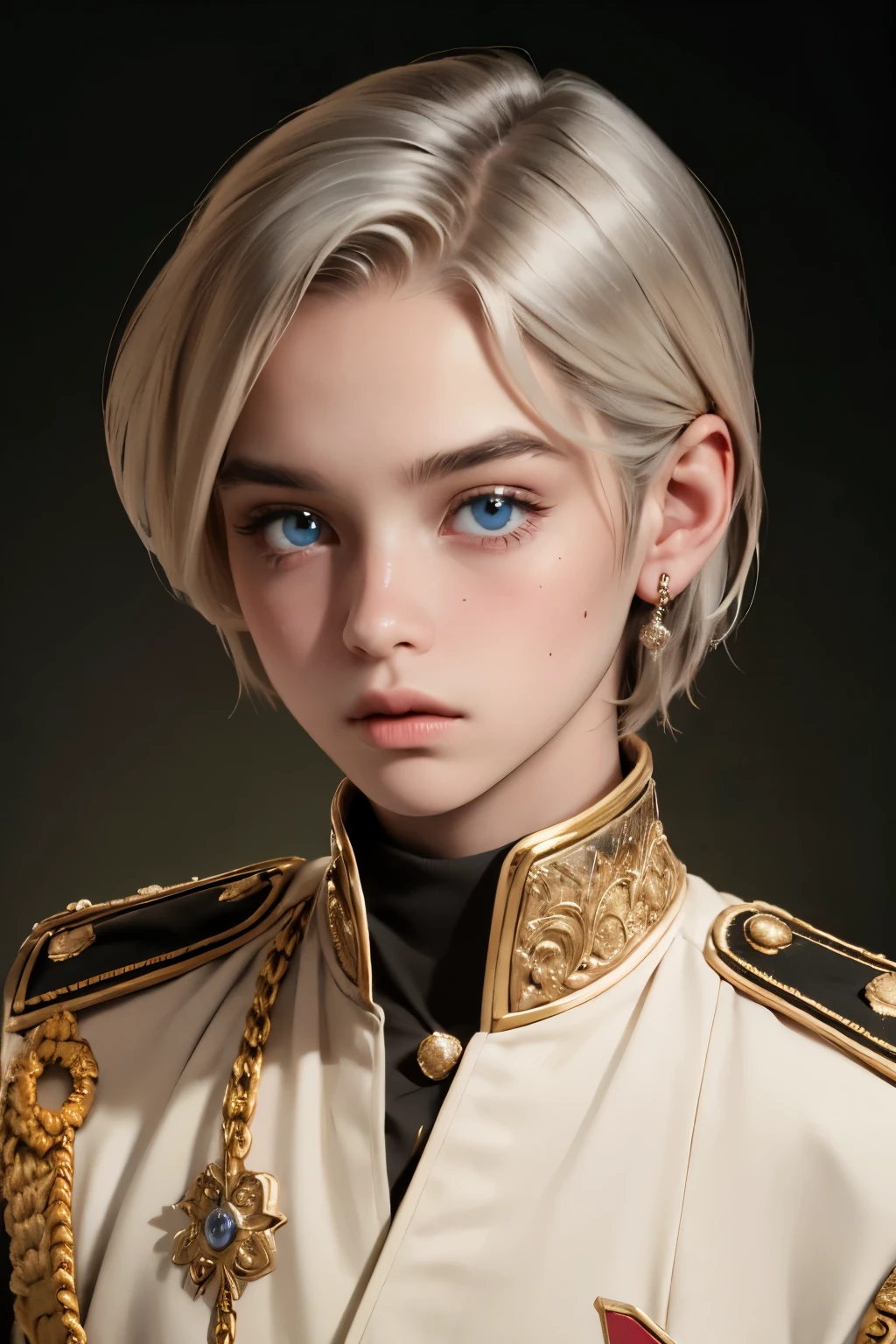 a young 18 year old boy, cute appearance, wearing light colored royal attire with silver details, ((very light hair)), bright crystal blue eyes, ((cute and highly detailed face)), elegant pose