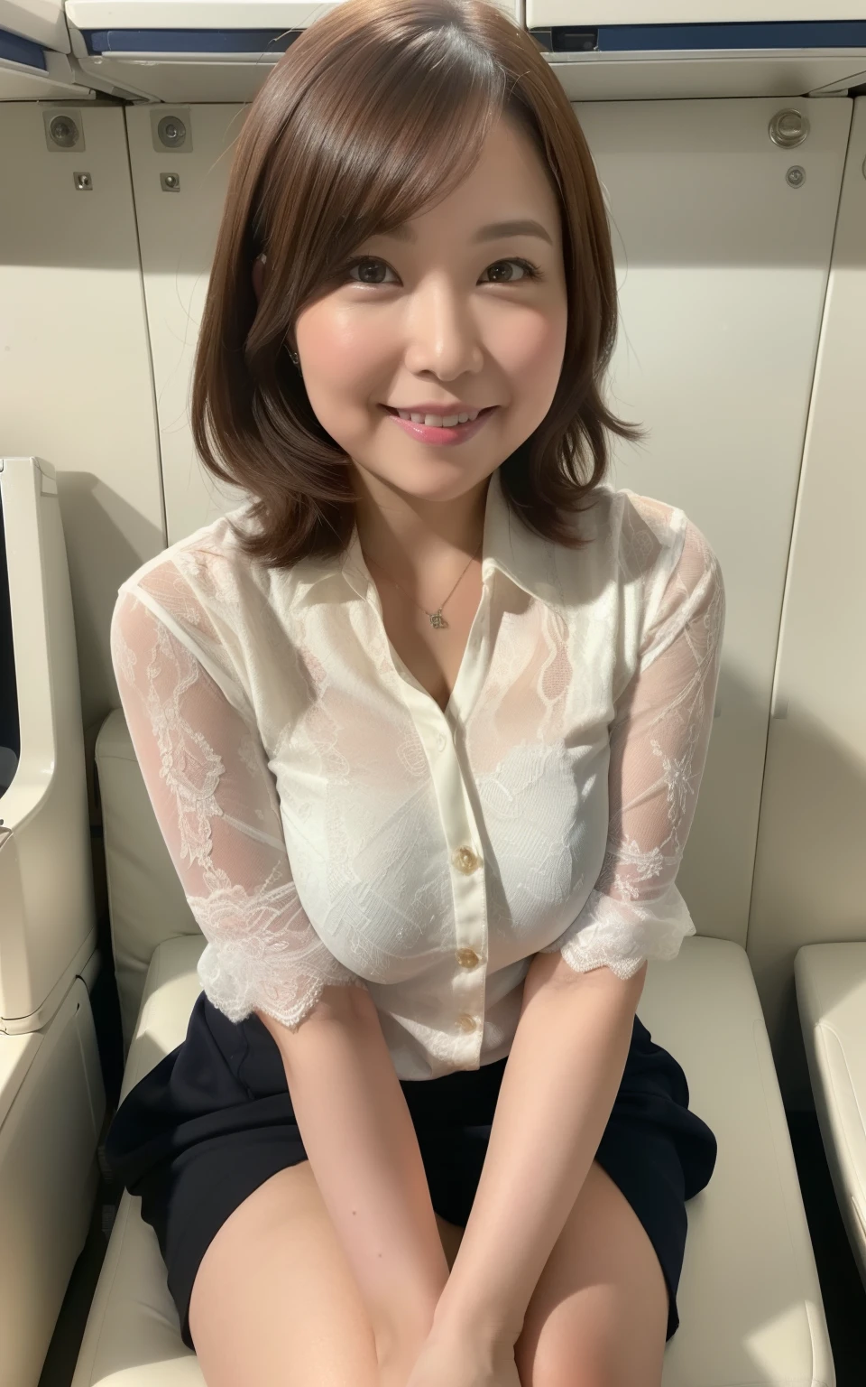 ((Best Quality, 8k, Masterpiecedetails, ultra-high resolution)), (full shot:), (looking at the viewer), 1 milf, a bit chubby:0.05, seductive expression, (sitting with cross legs on office desks)), smile, locker room,