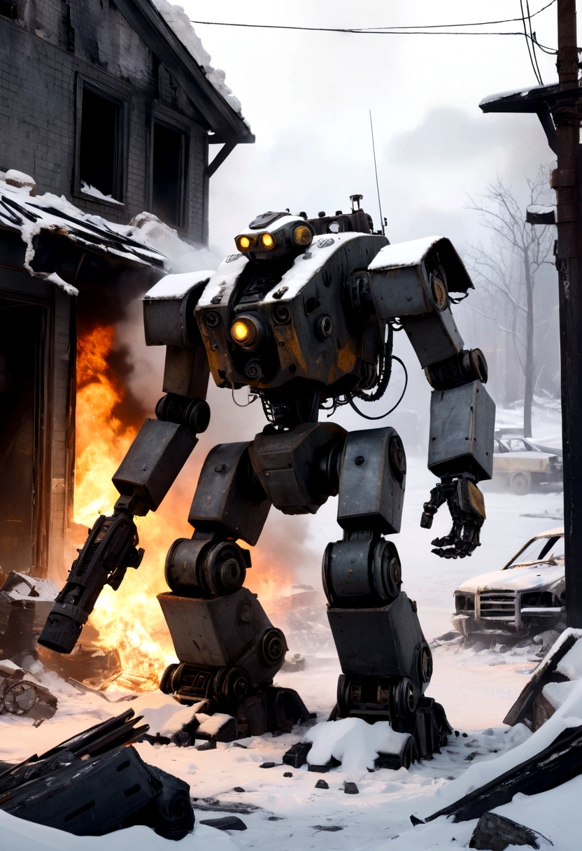 broken down combat robot, post apocalypse, low angles, ruined streets, snow piling up, fire and smoke in places,