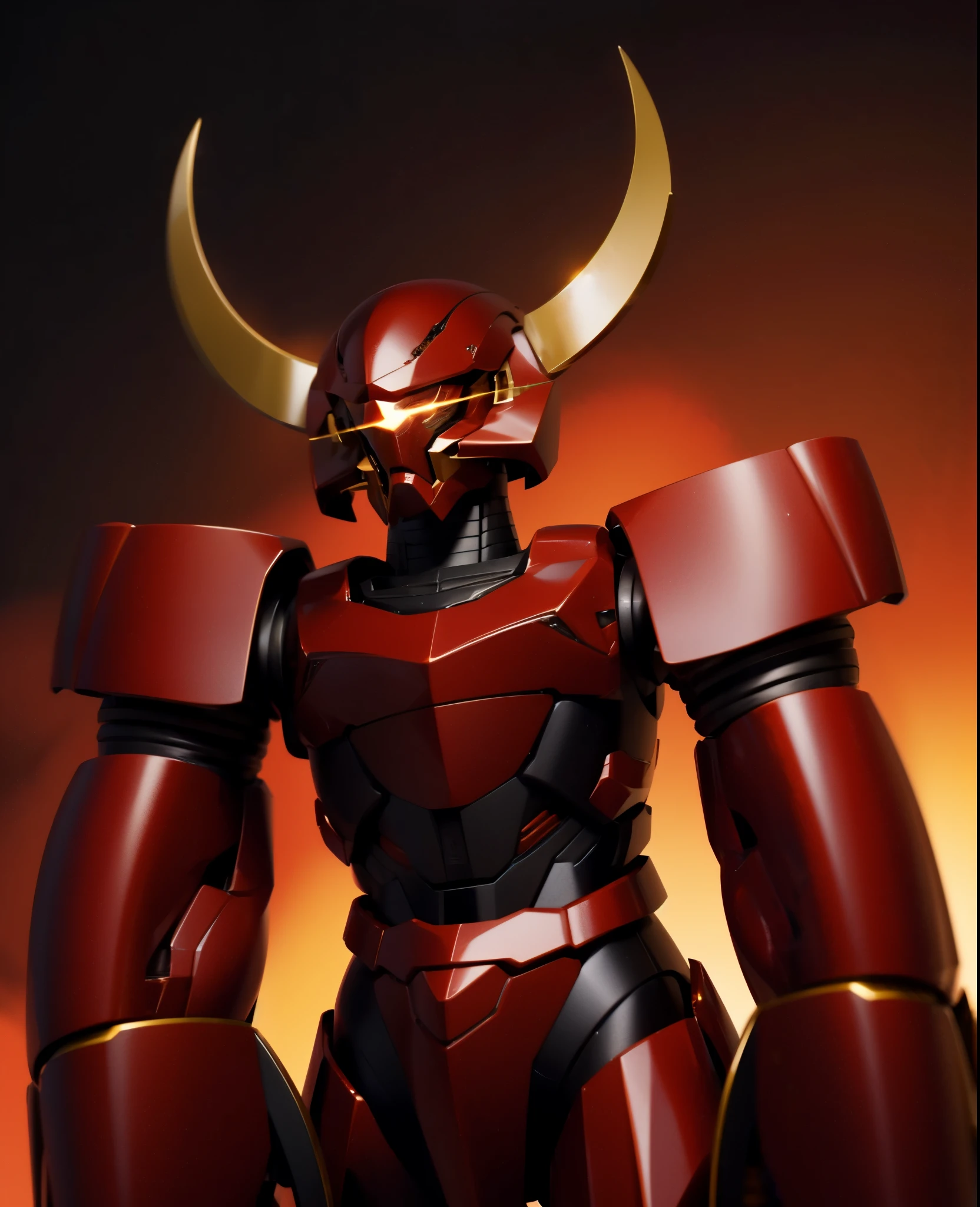 Robot, red mono eye, red body, high quality, golden horns on head, heavily armored,Robot, red mono eye, red body, high quality, golden horns on head, heavily armored, reddish-black shoulders, arm armor is an austere shade, sunset background,