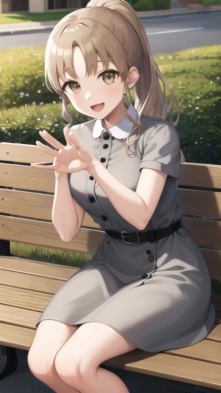 masterpiece, best quality, highres, bbsister, long hair, ponytail, sidelocks, collared dress, grey dress, short sleeves, buttons, black belt, <lora:sister_cleaire_v2:0.7>, outdoors, sitting, bench, waving, smile, open mouth,