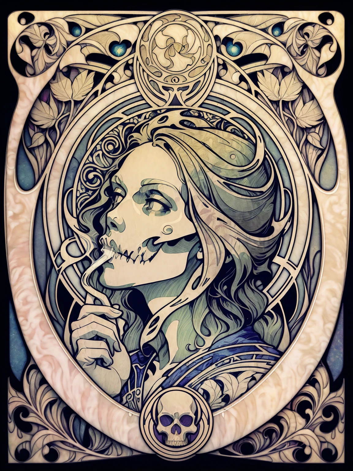 ((Art Nouveau Style)); a skull smoking a joint; marijuana leaves; smoke everywhere; symmetrical with thick lines, Fibonacci, golden ratio, 3D metal structure tessellation, neural graphic, neurons, color, love, passion, incredibly detailed, 8k, masterpiece, artstation, surreal