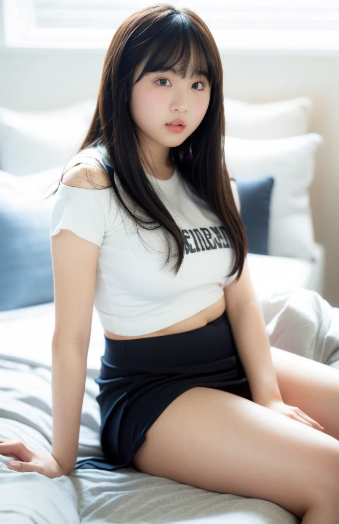 (highest quality, 8k, masterpiece ), A **************** with a young face、Bra is visible、bangs、Eyes are clear、Black Hair、Big Breasts:1.2、bangs:0.6,Glamour thighs:1.3、Thin white T-shirt、mini skirt, Highly detailed face, double eyelid, Strong natural light、Round face:1.3、whole body、Plump thighs:1.3、Round face:1.3、Side angle,Diagonal horizontal angle:1.2、On the bed