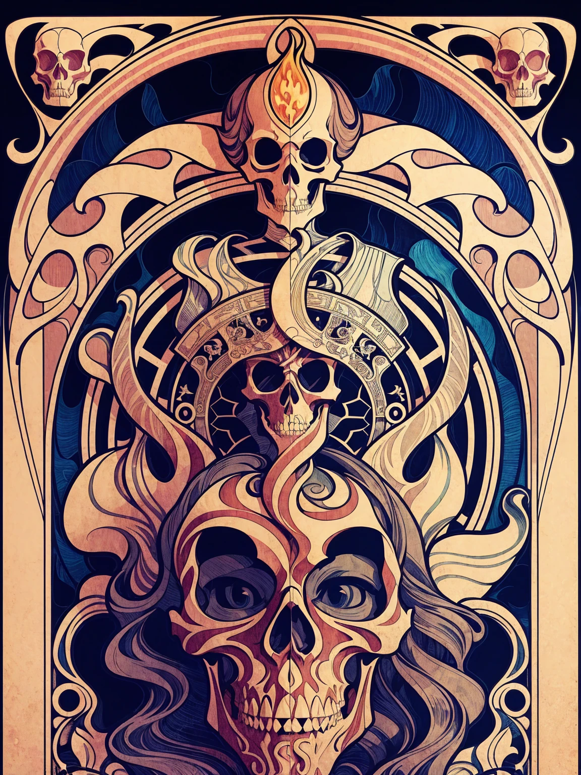 ((Art Nouveau Style)); ((Flaming Skull)); symmetrical with thick lines, Fibonacci, golden ratio, 3D metal structure tessellation, neural graphic, neurons, color, love, passion, incredibly detailed, 8k, masterpiece, artstation, surreal