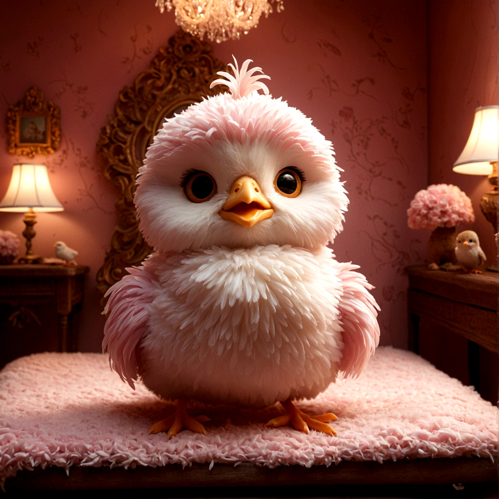 (masterpiece, highest quality), Anthropomorphic chick,fluffy、several birds、smilingly、smile、 Pink room with intricate details、 fluffyのクッションとベット, With intricate details, Cinematic, Dynamic Lighting
