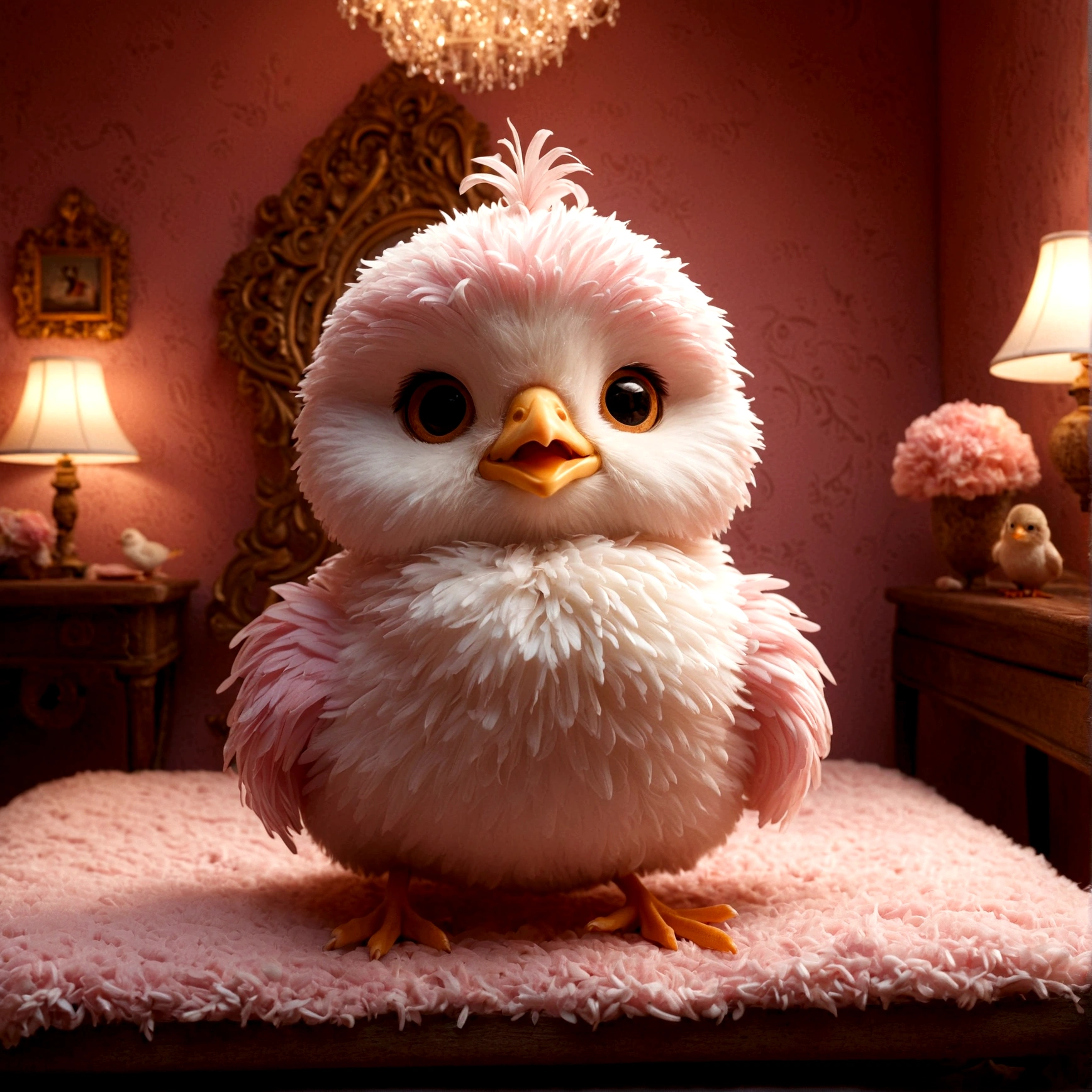 (masterpiece, highest quality), Anthropomorphic chick,fluffy、several birds、smilingly、smile、 Pink room with intricate details、 fluffyのクッションとベット, With intricate details, Cinematic, Dynamic Lighting