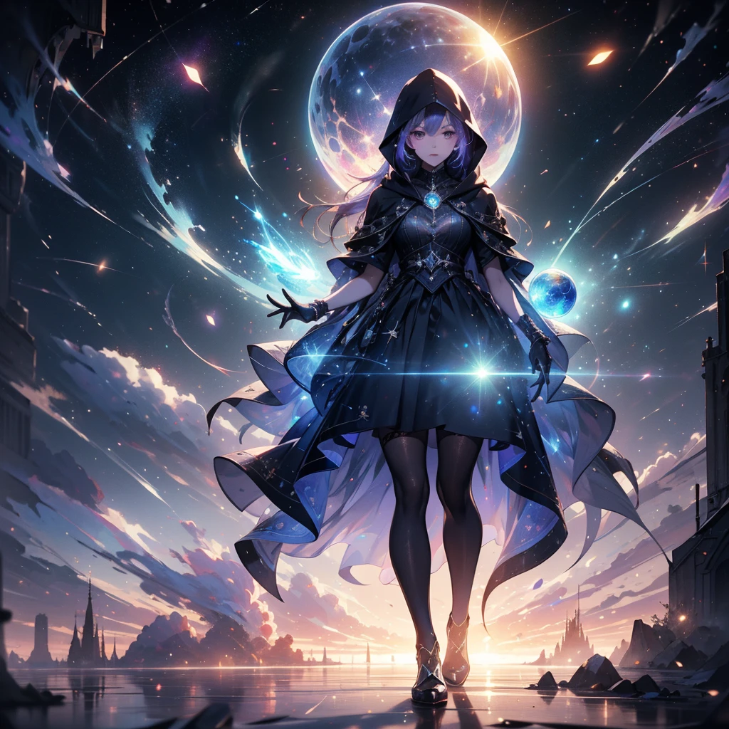(((masterpiece, best quality, 8k))) full-body shot of a hooded girl with a perfect face, standing on a reflective ground. She is holding a source of blue and purple light energy, with many particles surrounding her. The environment is dark and misty, with the only source of light coming from the energy and particles, all glowing in blue and purple tones. The atmosphere is mysterious and otherworldly, with a misty haze drifting around her feet. Her face is partially obscured by the hood, and her eyes are focused intently on the luminous orb in her hands, astronomy back ground