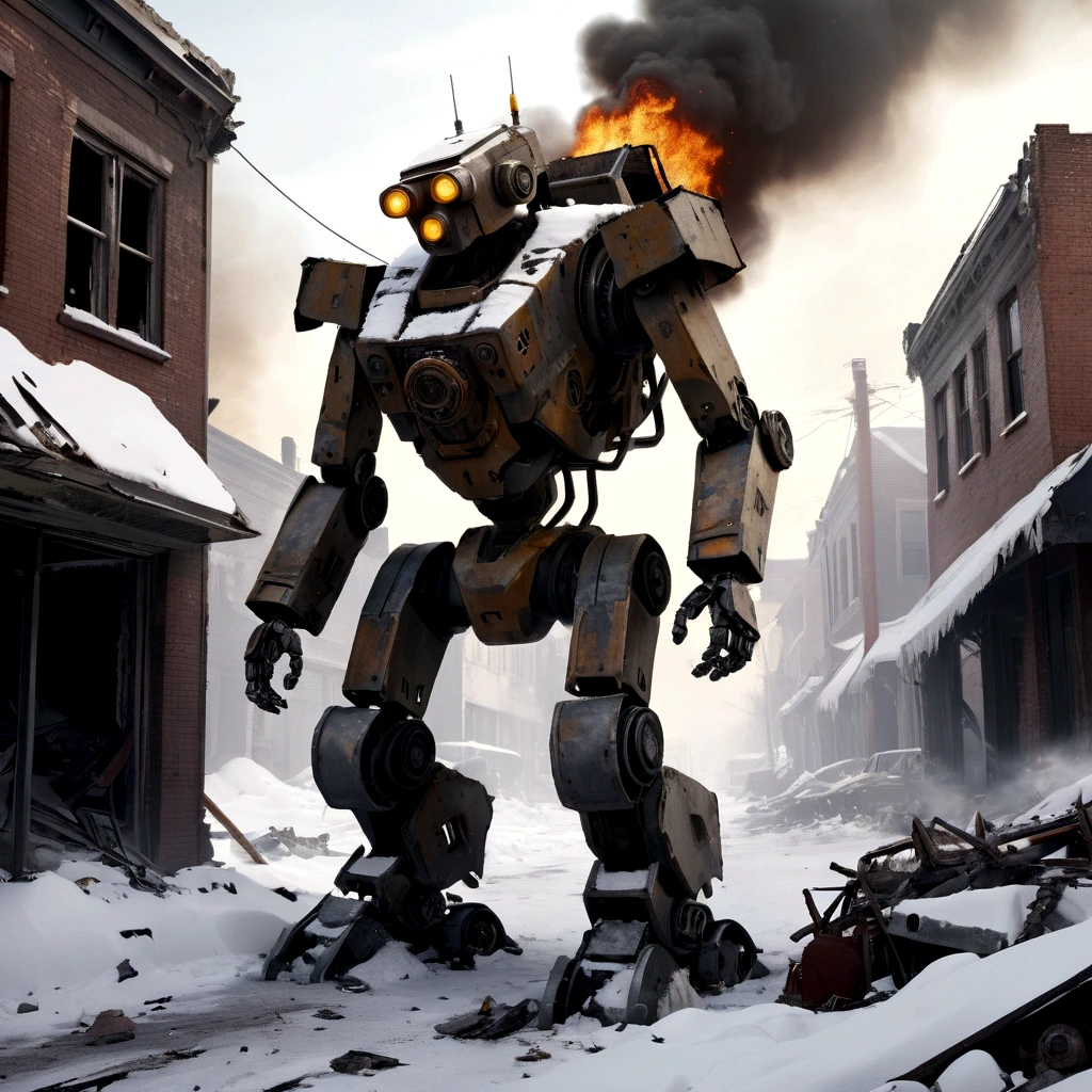 broken down combat robot, post apocalypse, low angles, ruined streets, snow piling up, fire and smoke in places,