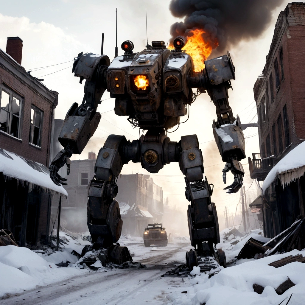 broken down combat robot, post apocalypse, low angles, ruined streets, snow piling up, fire and smoke in places,