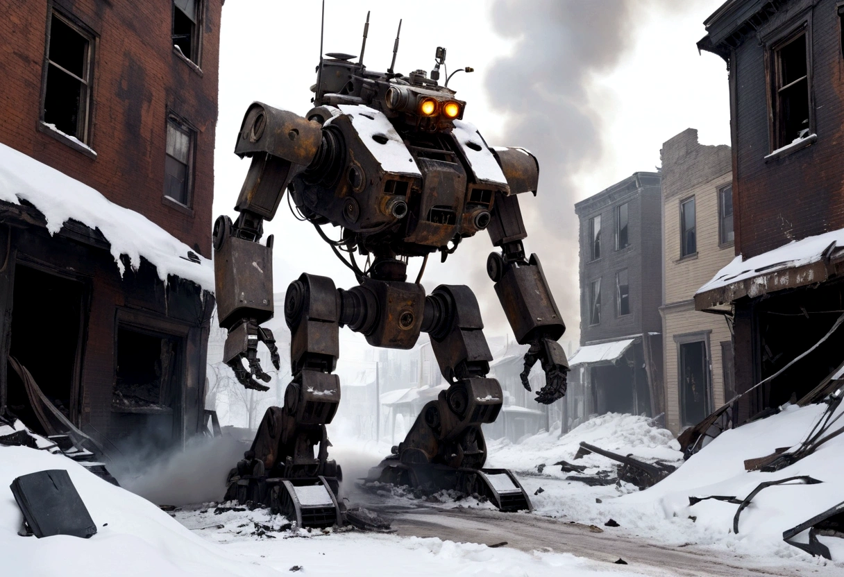 broken down combat robot, post apocalypse, low angles, ruined streets, snow piling up, fire and smoke in places,