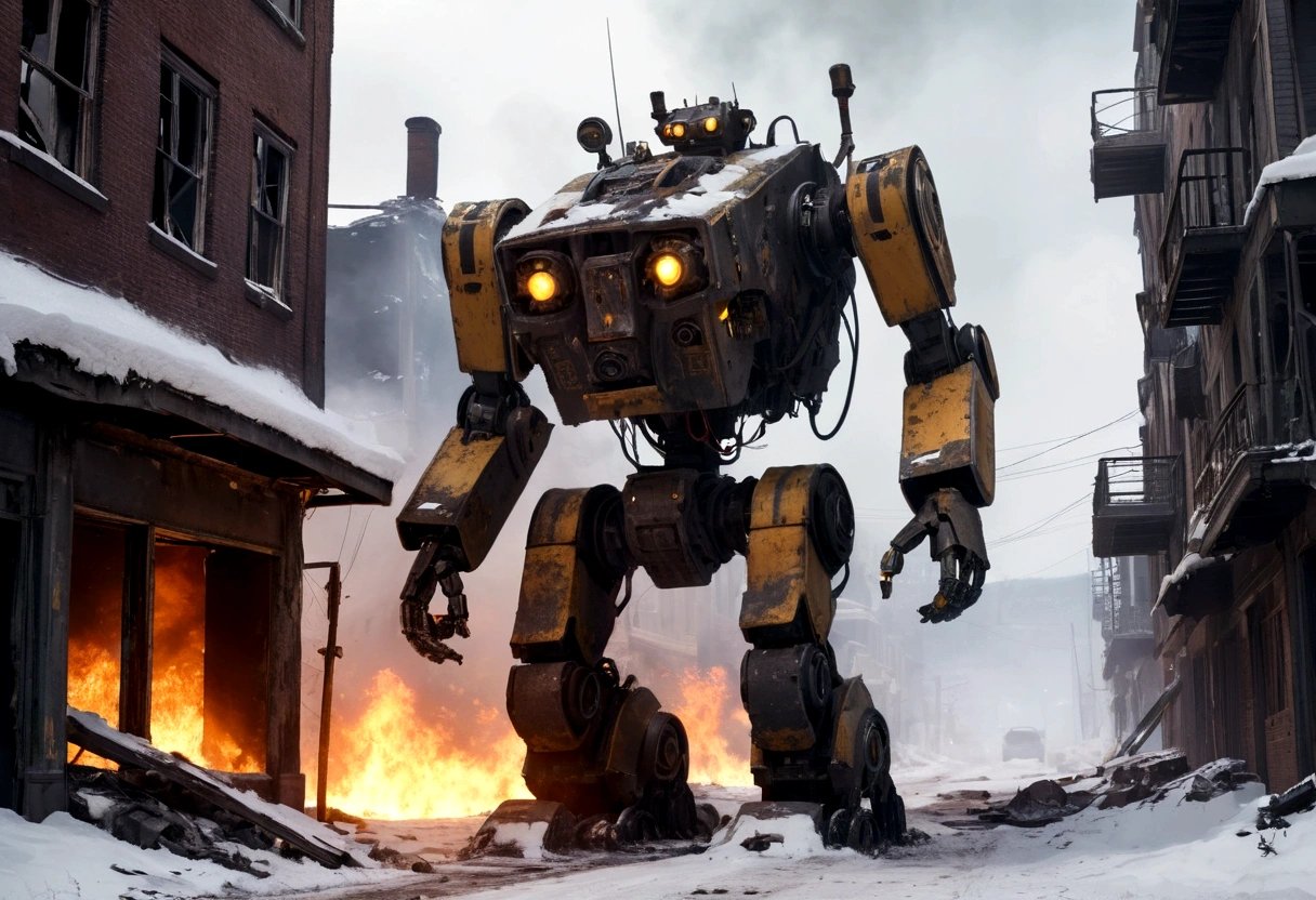 broken down combat robot, post apocalypse, low angles, ruined streets, snow piling up, fire and smoke in places,