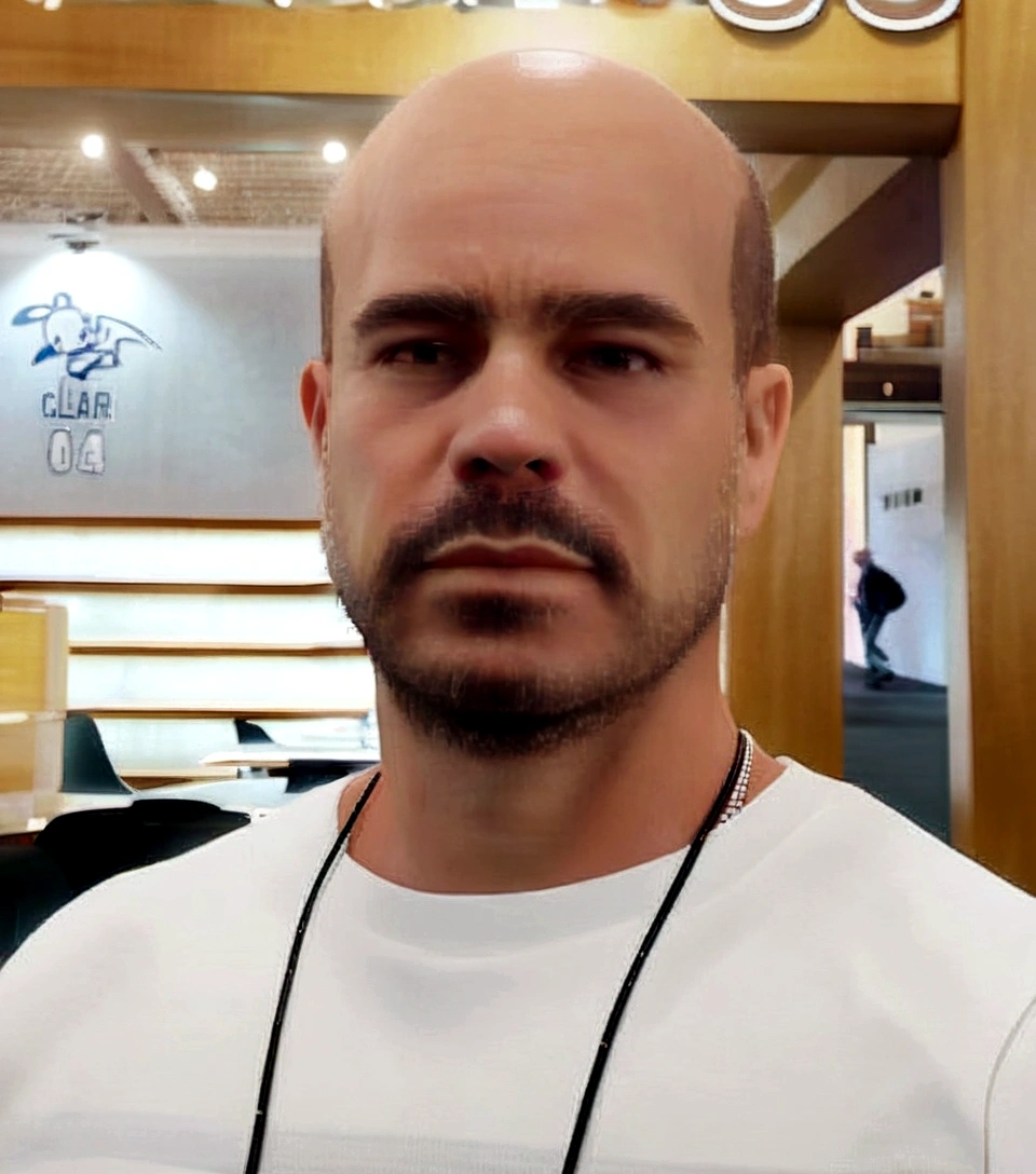 a man, 1.8m tall, 40 years old, bald head, clear brown eyes, wearing a basic black shirt, 3D Pixar Disney style, high quality, detailed facial features, intricate clothing textures, dramatic lighting, cinematic composition, vibrant colors