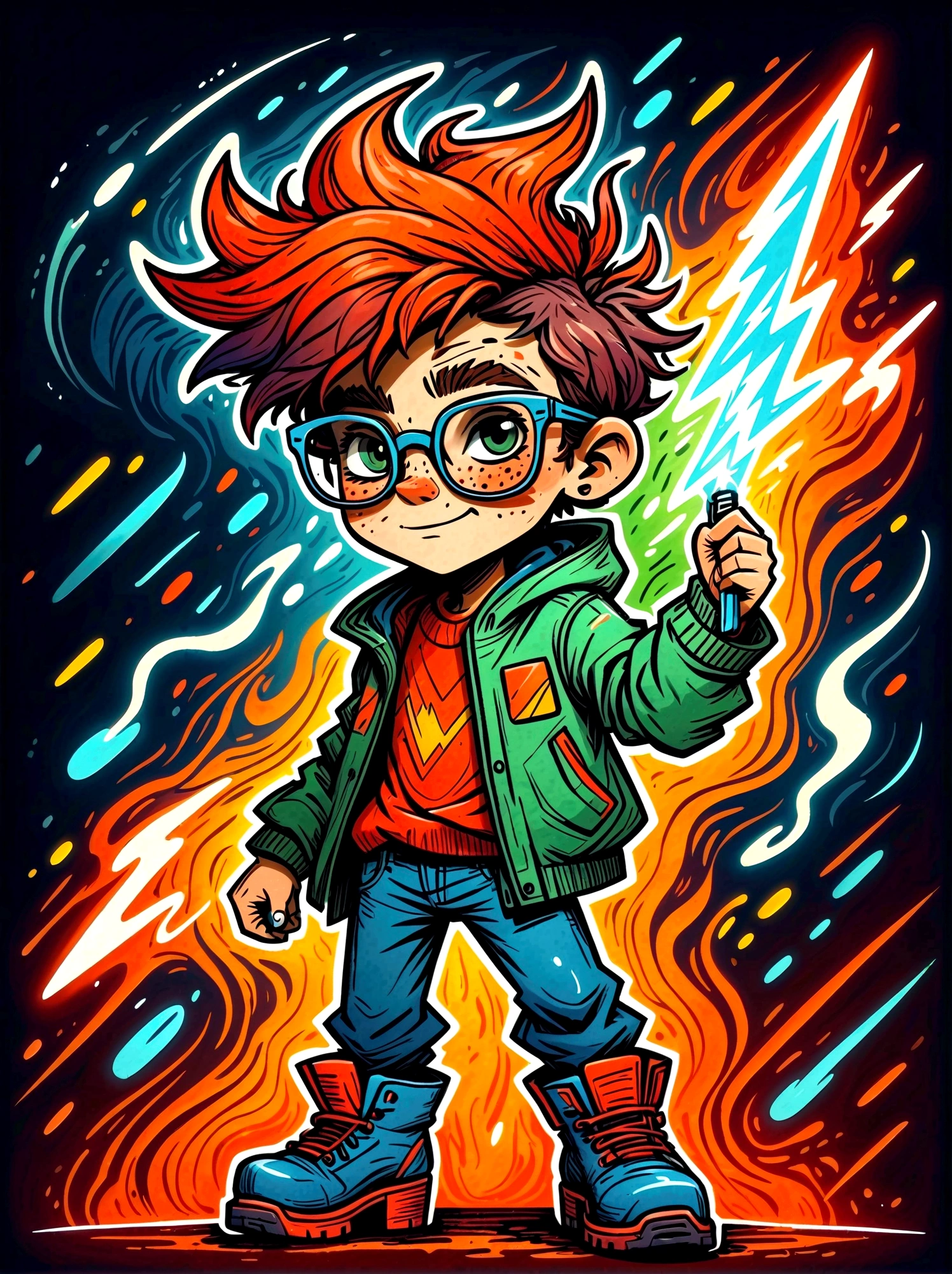 Cartoon hand drawn, 1boy, solo, Lightning energy,Electricity elements,Wearing a pointed headdress,Wearing large rectangular glasses,Blue Highlight Lightning,Wearing bright blue and green square clothes,high-heel boots,Holding electric weapons, The color palette is in red, orange and black tones and has a sketchy style, The background should have a simple hand-drawn doodle pattern