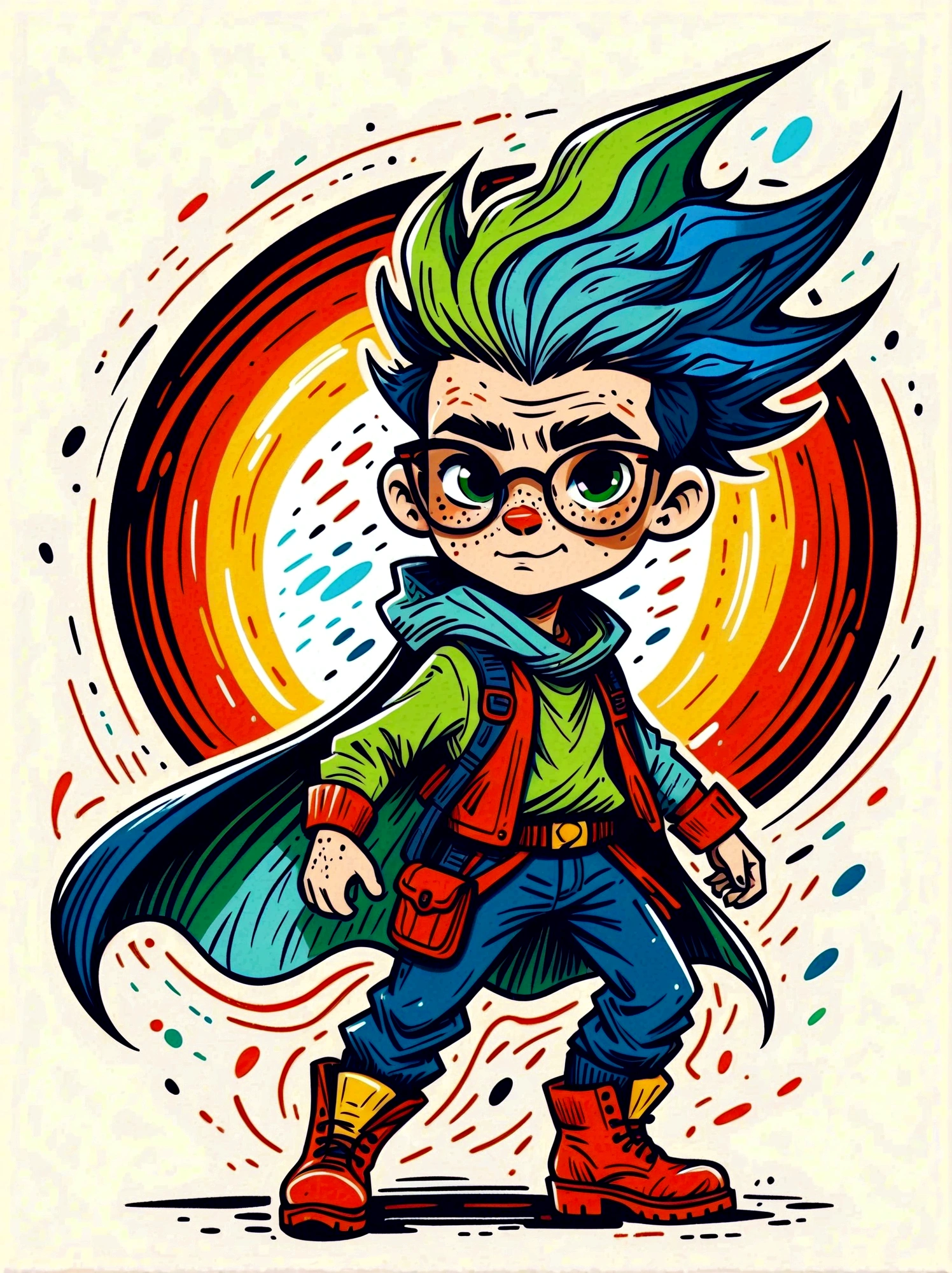 Cartoon hand drawn, 1boy, solo, Lightning energy,Electricity elements,Wearing a pointed headdress,Wearing large rectangular glasses,Blue Highlight Lightning,Wearing bright blue and green square clothes,high-heel boots,Holding electric weapons, The color palette is in red, orange and black tones and has a sketchy style, The background should have a simple hand-drawn doodle pattern