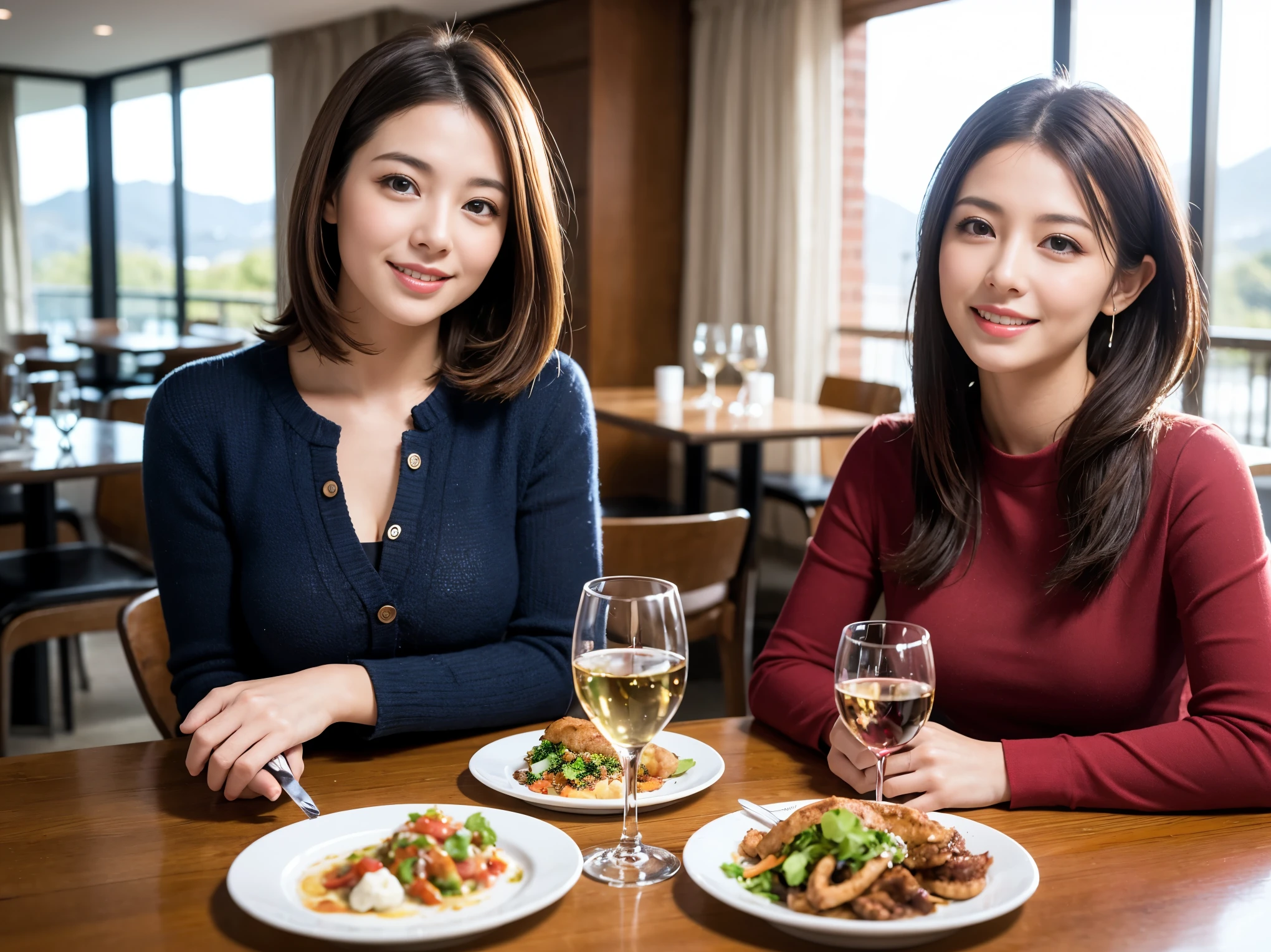 ((highest quality、8k、masterpiece:1.3))、Satomi Ishihara lookalike beauty、1 male、1 female、Couple、Spouse、half、The body is slim、((Bob Hale、Straight hair:1.2)), (Realistic, Intricate details:1.2), Wine glass on the table、Shine light on your face、 Amazing view of the sunset sky and clouds、Amazing mountain views、A bright smile、The wonderfulness of smile、Bright image、The beauty of wine, Beautiful Face, blue eyes, The light shines on your face, Blushing, short hair,Bright Face、 (Age 37), 39 years old, red wine 、Appetizers、Italian food、Wine bottle、Champagne、sparkling wine、Two beauties、Brown Hair、Shortcuts、Long sleeve shirt、dress、Pretty Woman 1, (Slim face), (The body is slim), (Brown Hair), (Shortcuts), cheeks turn a little red,Attractive beauty、restaurant, In a prominent place (From the waist up) Nova Frog Style, actress, model, Upper Body, White wine, slim, wine glass, A wine glass placed in the center, smile, (smile: 1.15), Beautiful fine grain, Depth f/2,saturation, High Contrast, Strong light and shadow,Moist Body:1.5、3D texture、Delicate eyes、Brown Hair、The hair is very shiny、