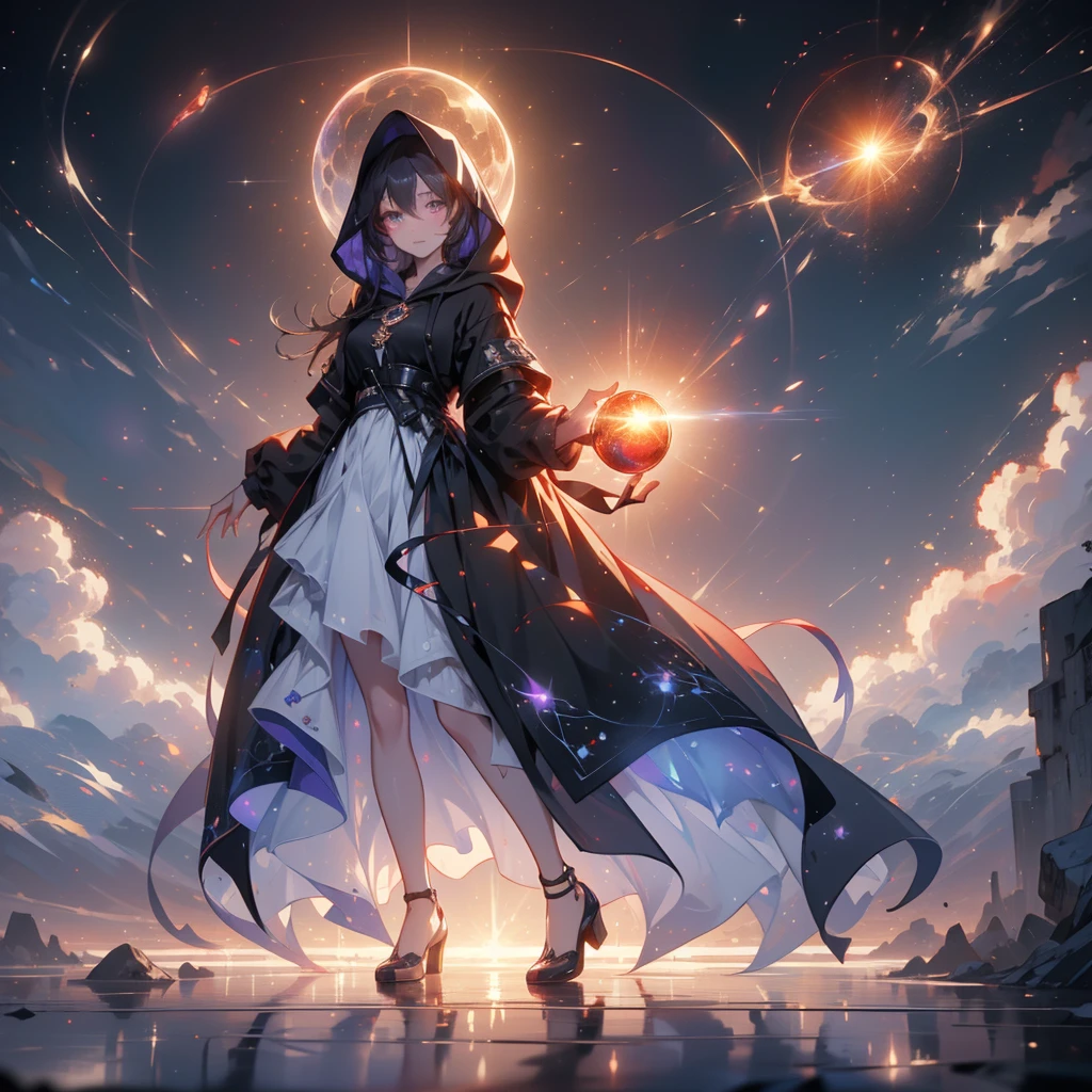 (((masterpiece, best quality, 8k))) full-body shot of a hooded girl with a perfect face, standing on a reflective ground. She is holding a source of blue and purple light energy, with many particles surrounding her. The environment is dark and misty, with the only source of light coming from the energy and particles, all glowing in blue and purple tones. The atmosphere is mysterious and otherworldly, with a misty haze drifting around her feet. Her face is partially obscured by the hood, and her eyes are focused intently on the luminous orb in her hands, astronomy back ground