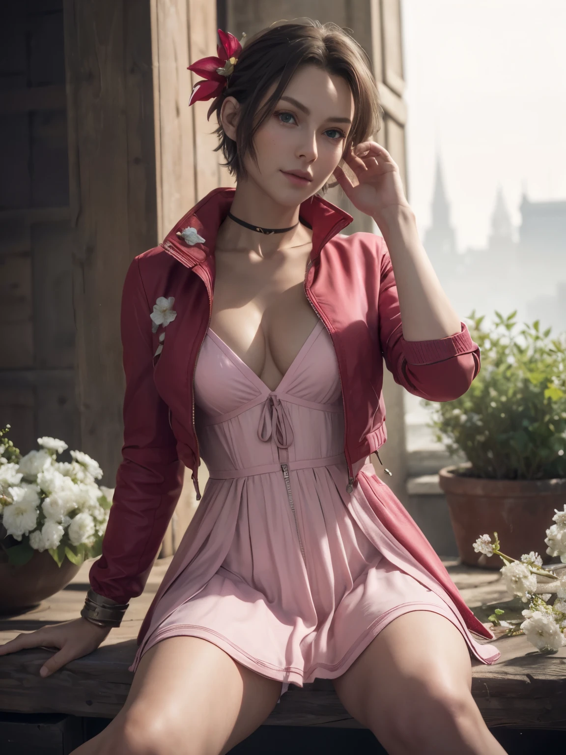 Aaerith gainsborough short hair,, (masterpiece, best quality:1.4), (future days), (full of white flowers), (1girl), ((18 years old)), solo, (european youth:1), choker, cropped jacket, hair bow, bracelet, (((red jaket))), (((pink dress))), brown boots, hair ribbons, hair flowers, strapless red dress, high heels hyperrealistic, high detailed skin, dslr, soft lighting, high quality, highly detailed face, highly detailed skin, skin pores, subsurface scattering, realistic pupils, medium breast, full face blush, full lips, detailed background, depth of field, volumetric lighting, sharp focus, absurdres, realistic proportions, good anatomy, ((looking at viewer)), ((cowboy shot)), (realistic, hyperrealistic:1.2), 16k hdr, enhanced colour up 20%, vivid colour +20%, saturation up 20%, , medium breasts, show vagina, show nipples, spread legs.