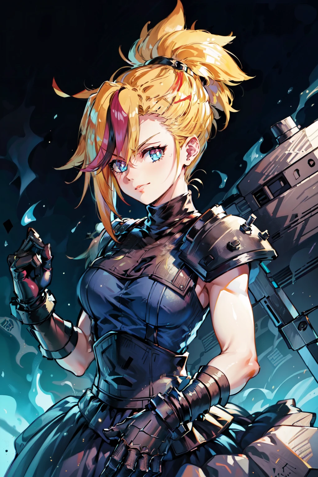 (masterpiece, best quality:1.2), Blue glowing eyes, perfect face, highres, 1 girl, solo, ultra long ponytail, (female:1.5), strife, blonde hair, shoulder armor, sleeveless turtleneck, suspenders, belt, gloves, bracer, evil smile, standing, portrait, looking at viewer, giant sword on the back