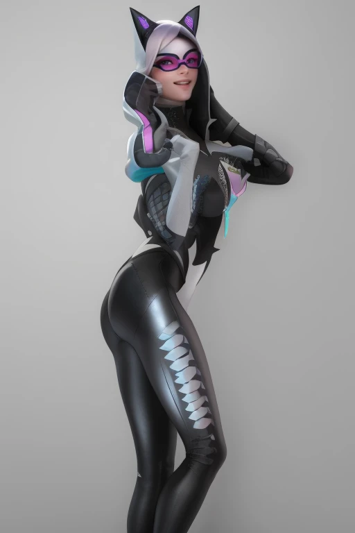 a close-up of a woman in a cat hoodie posing for a photo wearing tight rubber pants and her big ass, widowmaker from overwatch, Eco de Overwatch. o modelo , Judy Alvarez cyberpunk, de anime cyberpunk feminino, personagem cyberpunk, Loba Andrade de Apex Legends, cyberpunk hero, widowmaker, cyberpunk feminino, Sombra de Overwatch, 3D Character Art Wet Look Tight Clothes