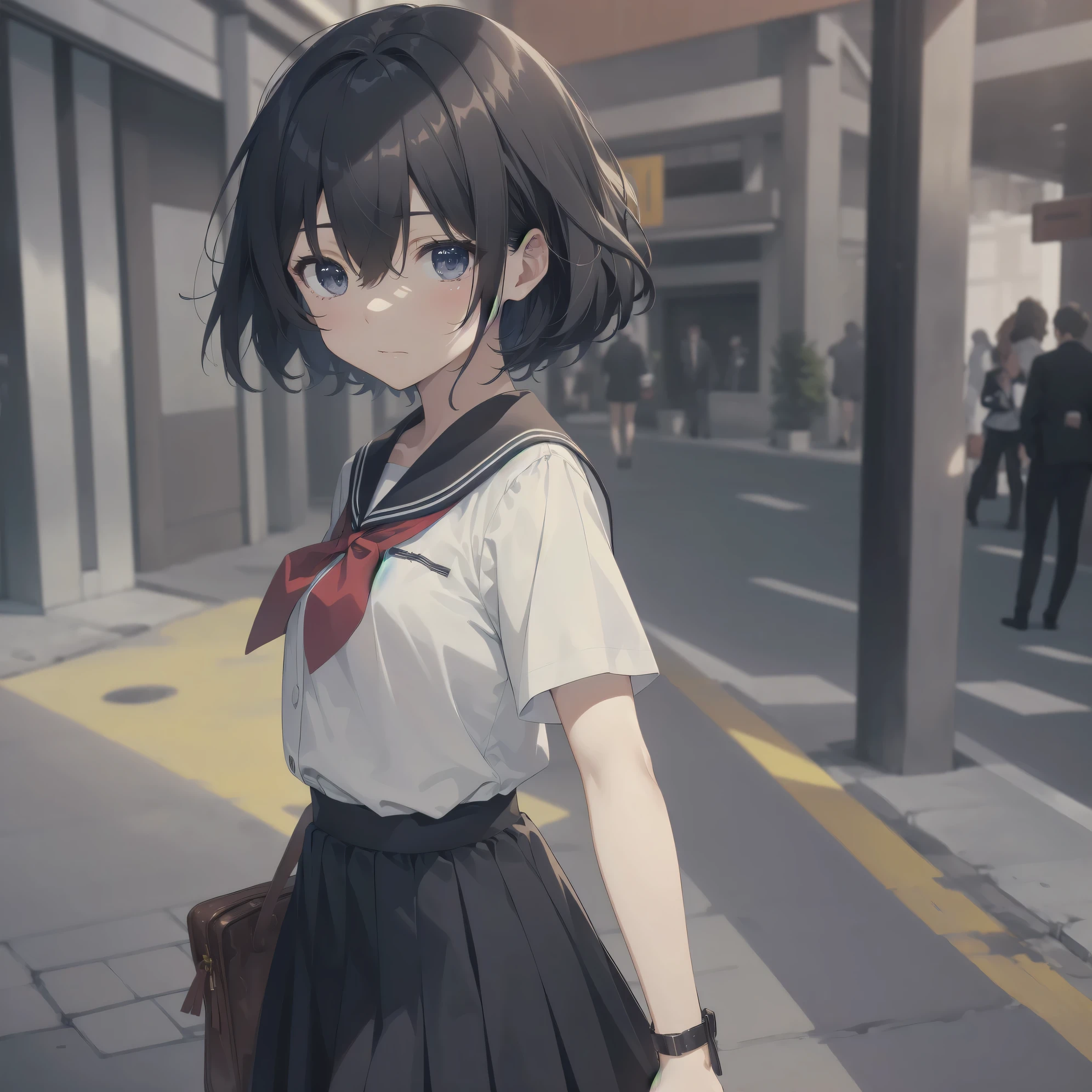 ultra-absurdres-Top quality by artist God, ultra-detailed, high resolution, anime moe artstyle, best anime 8k konachan wallpaper, pixiv contest winner, pool:2810, perfect anatomy,break, 1girl, (Please draw a girl walking sleepily to school alone. )break,(Solo,little female, 13-year-old:1.3),Full limbs, complete fingers,a junior high school student, (very short hair), short cut, flat chest, , small butt, small black eyes, beautiful detailed eyes, well-proportioned iris and pupils, expressive eyes, highres detailed hair, soft expression, salor school_uniform, sailor collar, serahuku, bow, pleated skirt,(Detailed Lighting), (Detailed background), in the School commute route. break,super detailed skin, Best cinematic lighting powered by famous artist, 8k,beauty illustration,photoshop_(medium),very aesthetic,break,((artist:sayori_(neko_works) )), artist:clamp ,artist:carnelian ,artist:kantoku ,
