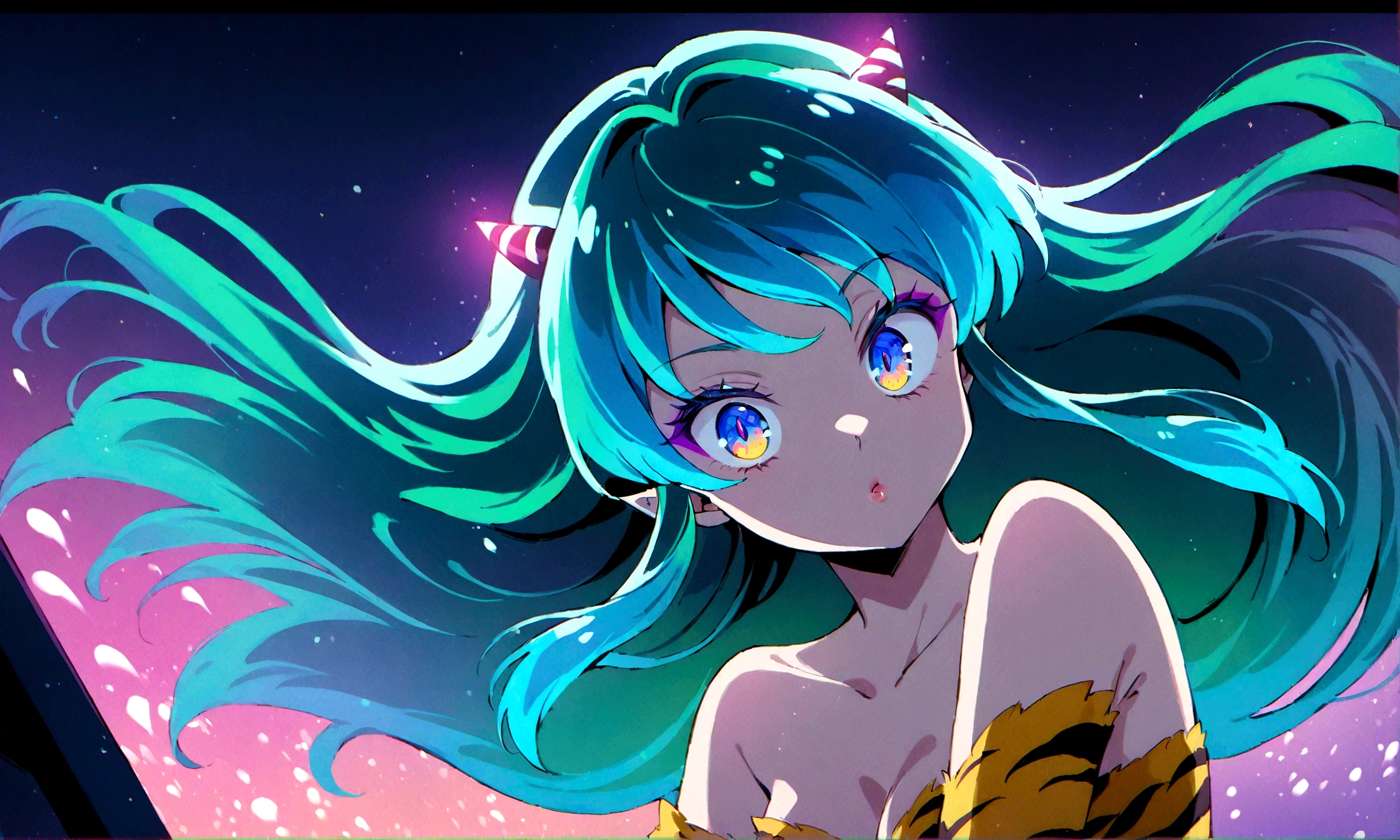 (score_9, score_8_up, score_7_up), lum, solo, long hair, breasts, dark blue eyes, eyeshadow, dark green hair, bangs, tiny tiger-stripped horns, aqua hair, tsundere, 4k, intricately detailed, source_anime, detailed portrait of a woman flying through the sky, beautiful detailed eyes, beautiful detailed lips, extremely detailed face and features, long eyelashes, flowing hair, dynamic pose, dramatic lighting, cinematic composition, surreal atmosphere, vibrant colors, muted tones, glowing light effects, dreamlike quality, 8k, high quality, intricate details, masterpiece, (full body),