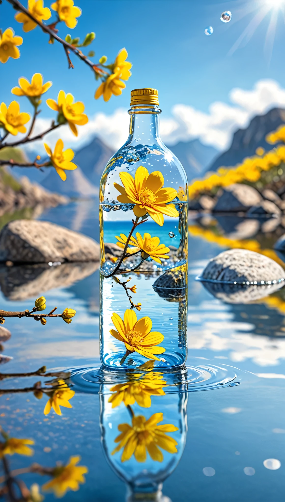 Outdoor, bottle, water, without humans, still life, blurry, bubble, scenery, water drop, ocean, day, sky, blue sky, cloud, blurry background, depth of field, reflection, solo, rock, motion blur, mountain, Yellow flowers, branch, ice