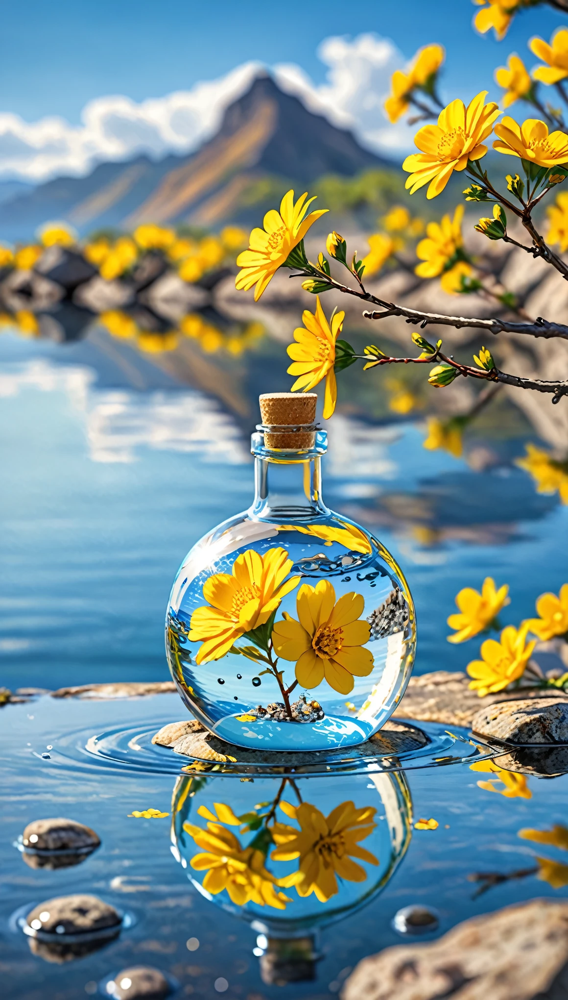 Outdoor, bottle, water, without humans, still life, blurry, bubble, scenery, water drop, ocean, day, sky, blue sky, cloud, blurry background, depth of field, reflection, solo, rock, motion blur, mountain, Yellow flowers, branch, ice