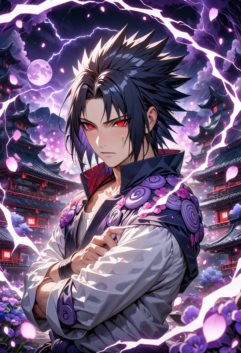 Ultra detailed, highres, absurdres, HDR, master piece, Uchiha Sasuke, black hair, expressive red eyes (Sharingan), Naruto Shippuden, fantasy, petals, purple flowers, handsome, sexy man, solo, magic, purple fireflies, purple moon, best quality, extremely detailed face and eyes, purple lightning, white shirt, chidori