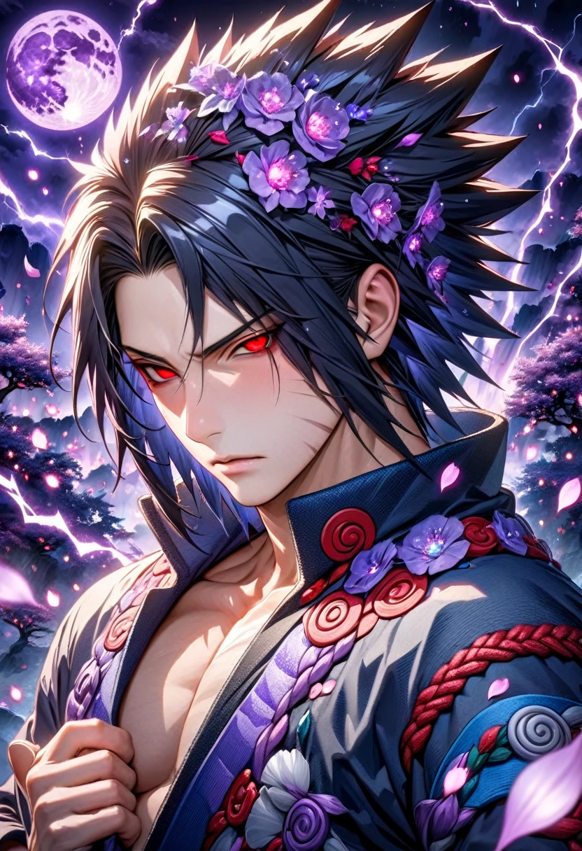 Ultra detailed, highres, absurdres, HDR, master piece, Uchiha Sasuke, black hair, expressive red eyes (Sharingan), Naruto Shippuden, fantasy, petals, purple flowers, handsome, sexy man, solo, magic, purple fireflies, purple moon, best quality, extremely detailed face and eyes, purple lightning, white shirt, chidori