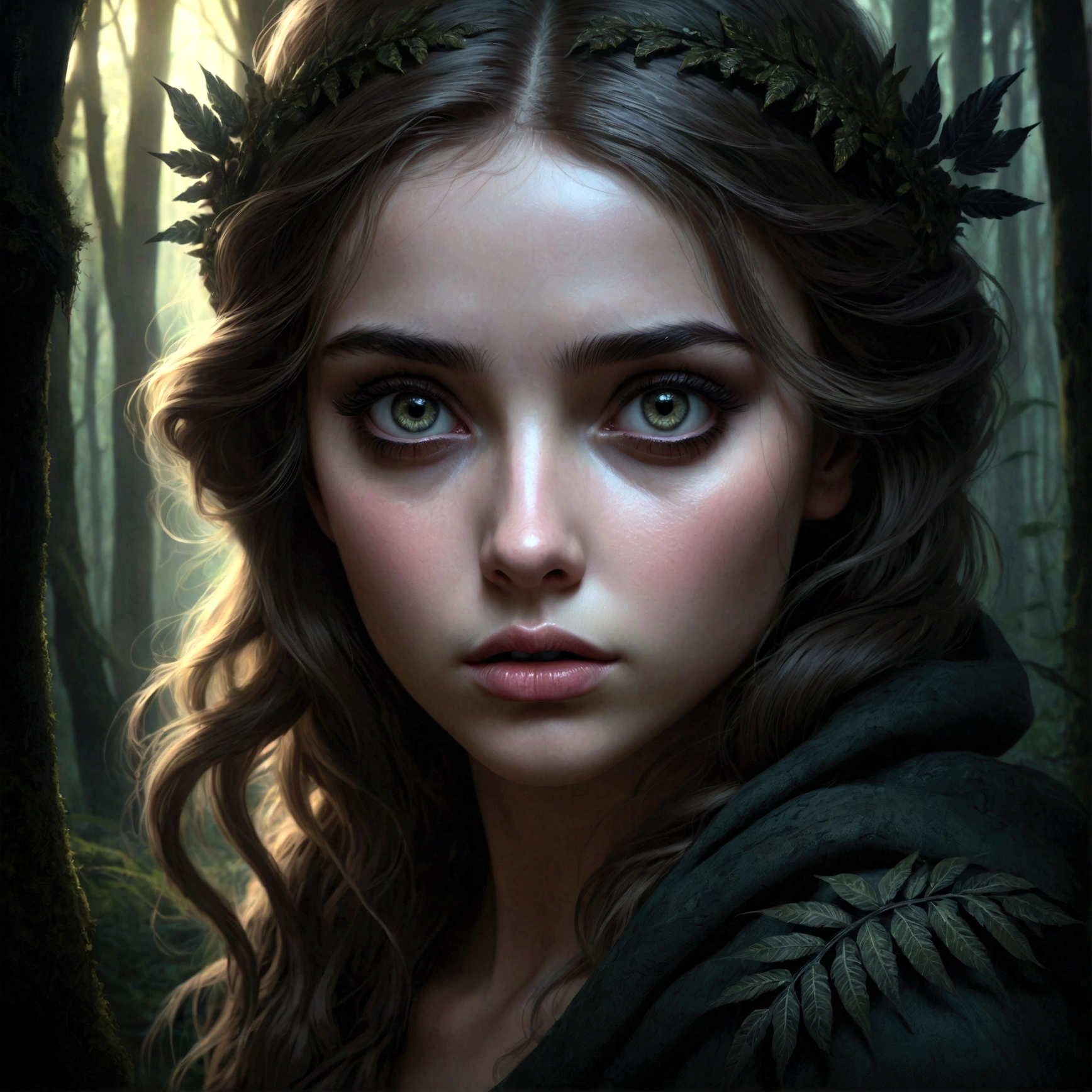a girl in a dark forest, beautiful detailed eyes, beautiful detailed lips, extremely detailed eyes and face, long eyelashes, sorrowful expression, dark fantasy, dramatic lighting, chiaroscuro, moody colors, cinematic atmosphere, digital painting, concept art, high quality, 8k, photorealistic, masterpiece
