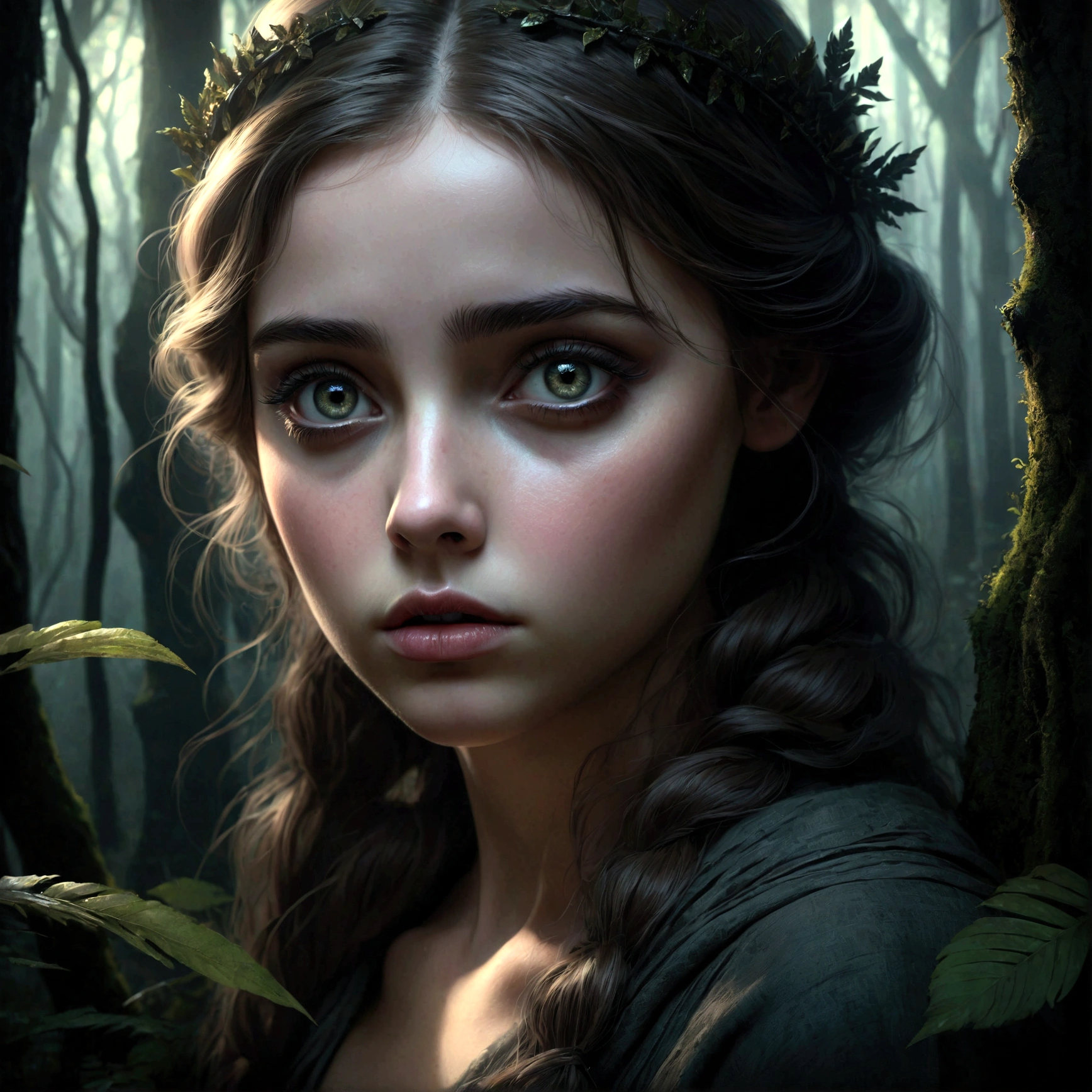a girl in a dark forest, beautiful detailed eyes, beautiful detailed lips, extremely detailed eyes and face, long eyelashes, sorrowful expression, dark fantasy, dramatic lighting, chiaroscuro, moody colors, cinematic atmosphere, digital painting, concept art, high quality, 8k, photorealistic, masterpiece
