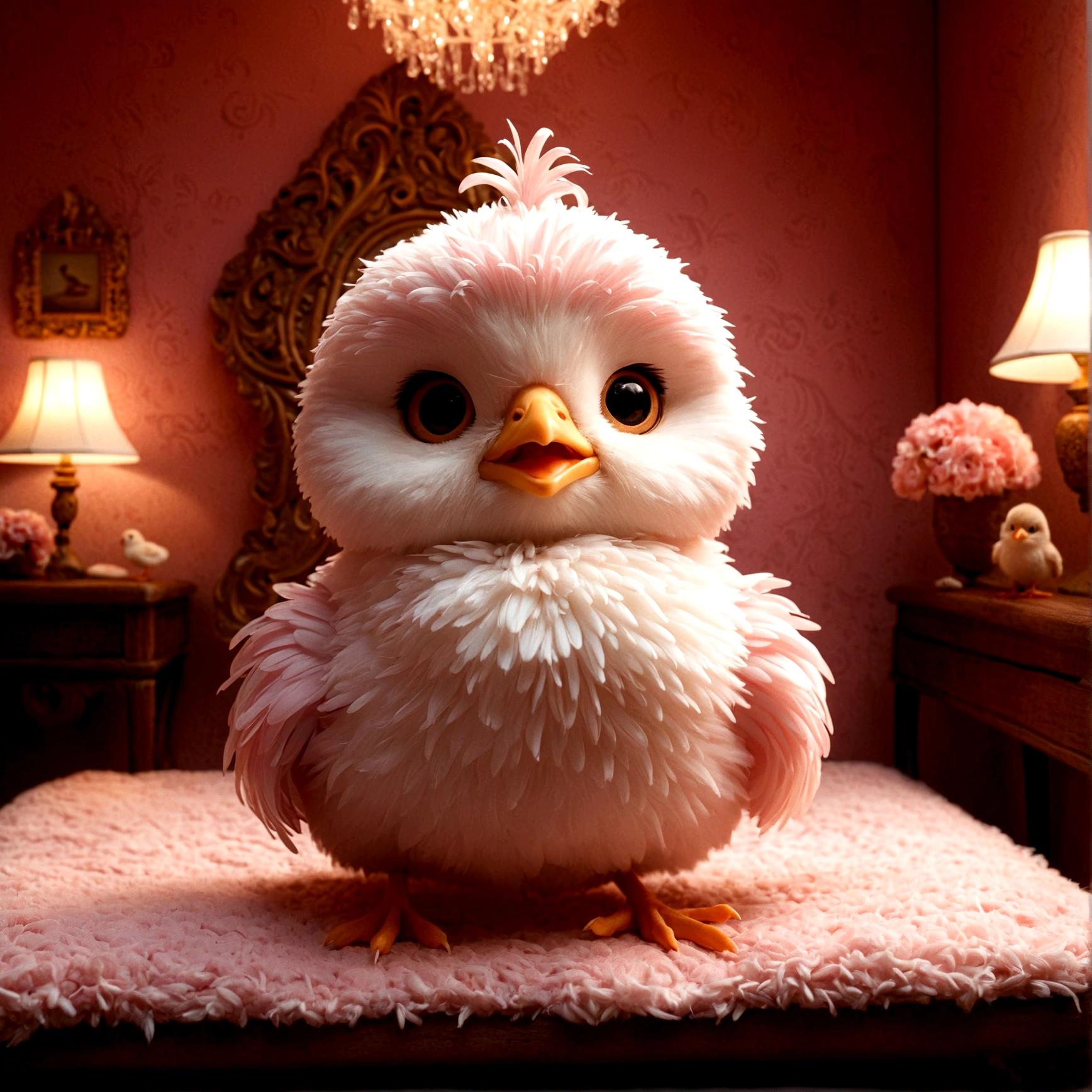 (masterpiece, highest quality), Anthropomorphic chick,fluffy、3 birds、smilingly、smile、 Pink room with intricate details、 fluffyのクッションとベット, With intricate details, Cinematic, Dynamic Lighting