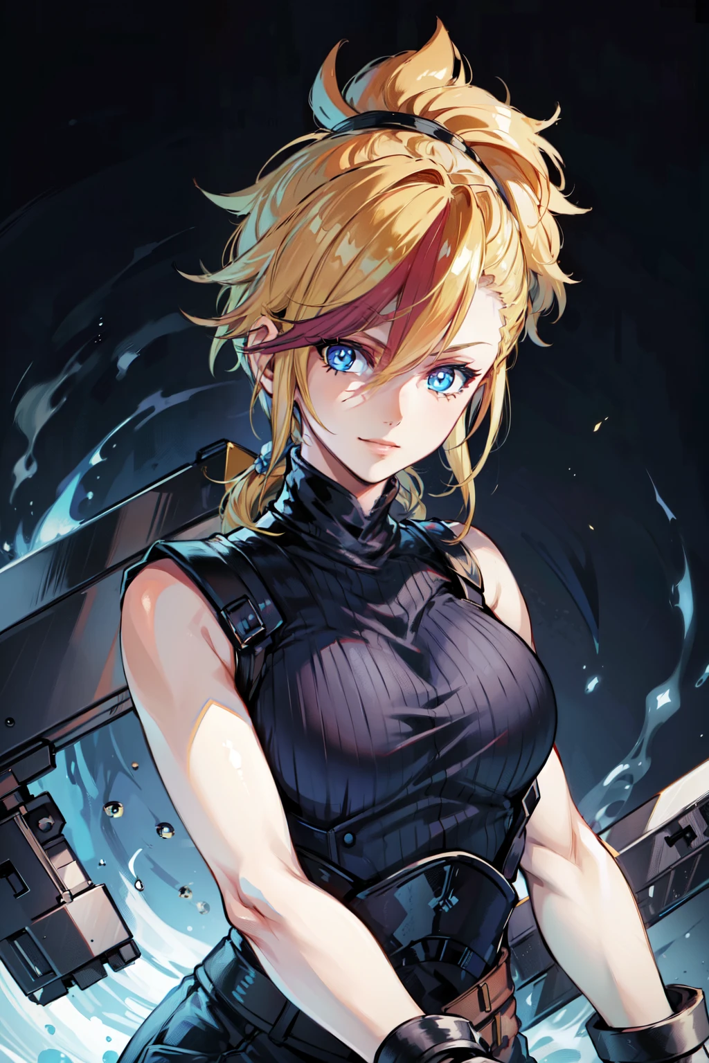 (masterpiece, best quality:1.2), Blue glowing eyes, perfect face, highres, 1 girl, solo, ultra long ponytail, (female:1.5), strife, blonde hair, shoulder armor, sleeveless turtleneck, suspenders, belt, gloves, bracer, evil smile, standing, portrait, looking at viewer, giant sword on the back