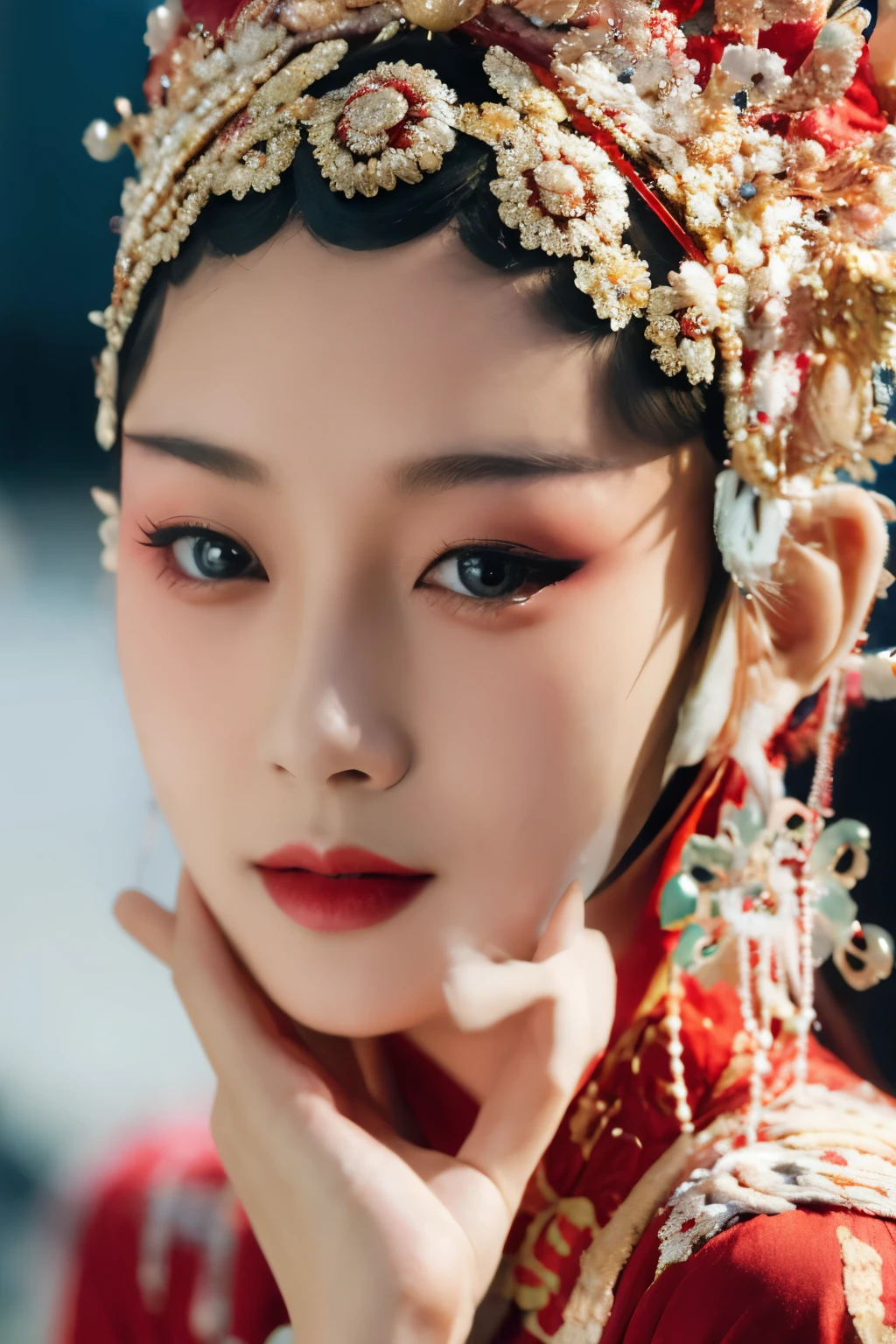 (8k, RAW photo, best quality, masterpiece:1.2),(realistic, photo-realistic:1.47),ultra-detailed,intricate details,best lighting,best shadows,extremely delicate and beautiful,,1 girl,moyou,solo,smile,large breasts,jingju,xiju,Beijing opera,Beijing opera clothes,beautiful body,gorgeous headwear,detail lips,close mouthes,Classic,Solid color,highly detailed,Purity,smooth soft skin,soft lighting,detailed face,,depth of field,upper body,,(pureerosface_v1:0.5),(ulzzang-6500-v1.1:0.5),