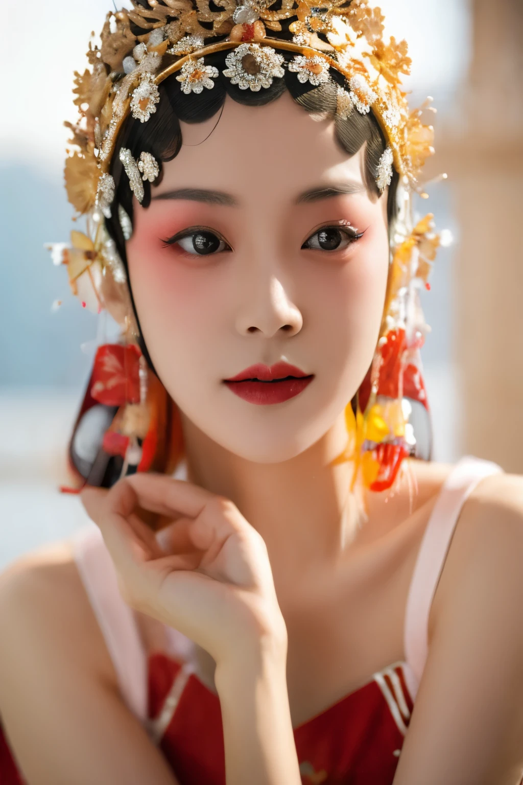 (8k, RAW photo, best quality, masterpiece:1.2),(realistic, photo-realistic:1.47),ultra-detailed,intricate details,best lighting,best shadows,extremely delicate and beautiful,,1 girl,moyou,solo,smile,large breasts,jingju,xiju,Beijing opera,Beijing opera clothes,beautiful body,gorgeous headwear,detail lips,close mouthes,Classic,Solid color,highly detailed,Purity,smooth soft skin,soft lighting,detailed face,,depth of field,upper body,,(pureerosface_v1:0.5),(ulzzang-6500-v1.1:0.5),