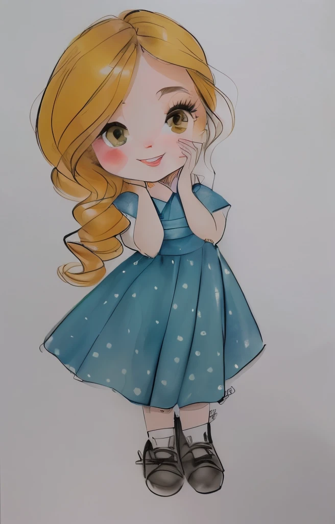 um close do desenho de uma garota sorrindo,  shy with hands on face, garota de vestido, inspirado em Claire Hummel, desenho fofo, desenho de desenho animado, por Cicely Hey, garota chibi, desenho colorido, retrato de uma linda garota, vestido e rosto detalhados, personagem de desenho animado fofo, fofo de desenho animado, desenho colorido, caricatura, jovem, marca d&#39;Water:-1