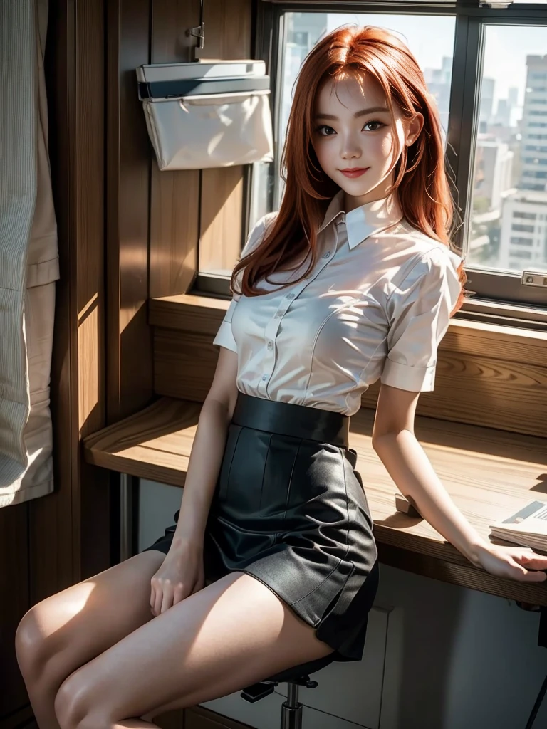 (best quality, masterpiece, ultra detailed, RAW quality), 21-year-old girl, redhead, beautiful symmetrical face, slight smile, short tailored skirt, white shirt, visible underwear, sitting looking at viewer, inside office, window behind of it, RAW quality.