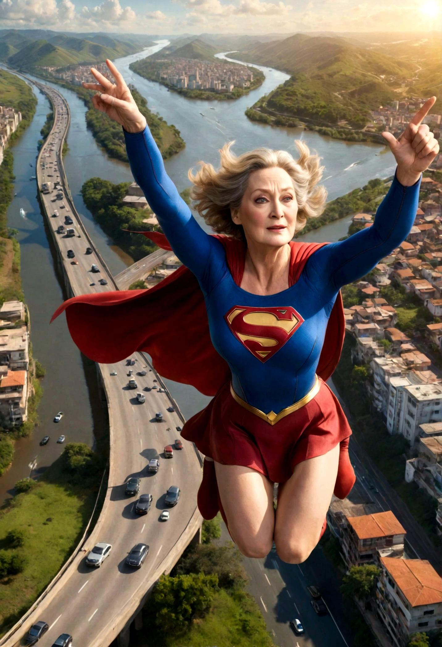 flying at super speed above a traffic jam; faster than a jet; old Meryl Streep busty((without glasses))) Supergirl (((70 years old; short hair))); floating above the Rio Grande do Sul 2024 highway; (heavy traffic; satellite view); superhero pose flying through the skies 