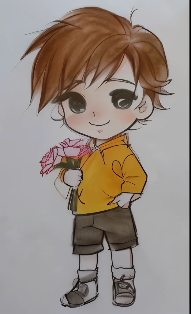 Drawing of a boy with a flower in his hand, com flores, inspirado em Inoue Naohisa, arte tradicional, garoto fofo, arte chibi, personagem fofo, desenho fofo, arte iniciante, fofo de desenho animado, por Oka Yasutomo, em estilo cartoon, powder Nándor Katona, arte fofa, personagem de desenho animado fofo, retrato fofo