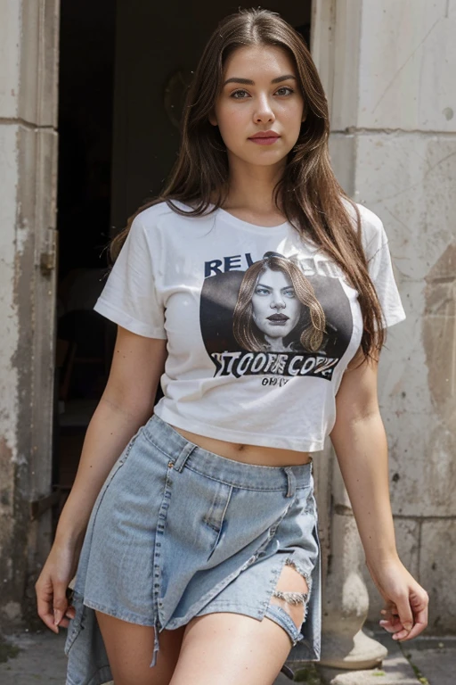 Photo of a 20 year old brunette woman. face facing the camera. ((The body is visible all the way up to the thighs)). (front look. Stand straight facing the camera), head straight. looking at the camera. (full visible up to your thighs). que tiene una cara muy natural, labios finos, Ojos delgados, cejas finas, nariz delgada, Pendientes, long eyeslashes. (Real life big mom) (t-shirt and skirt). Long hair. Perfect breast.